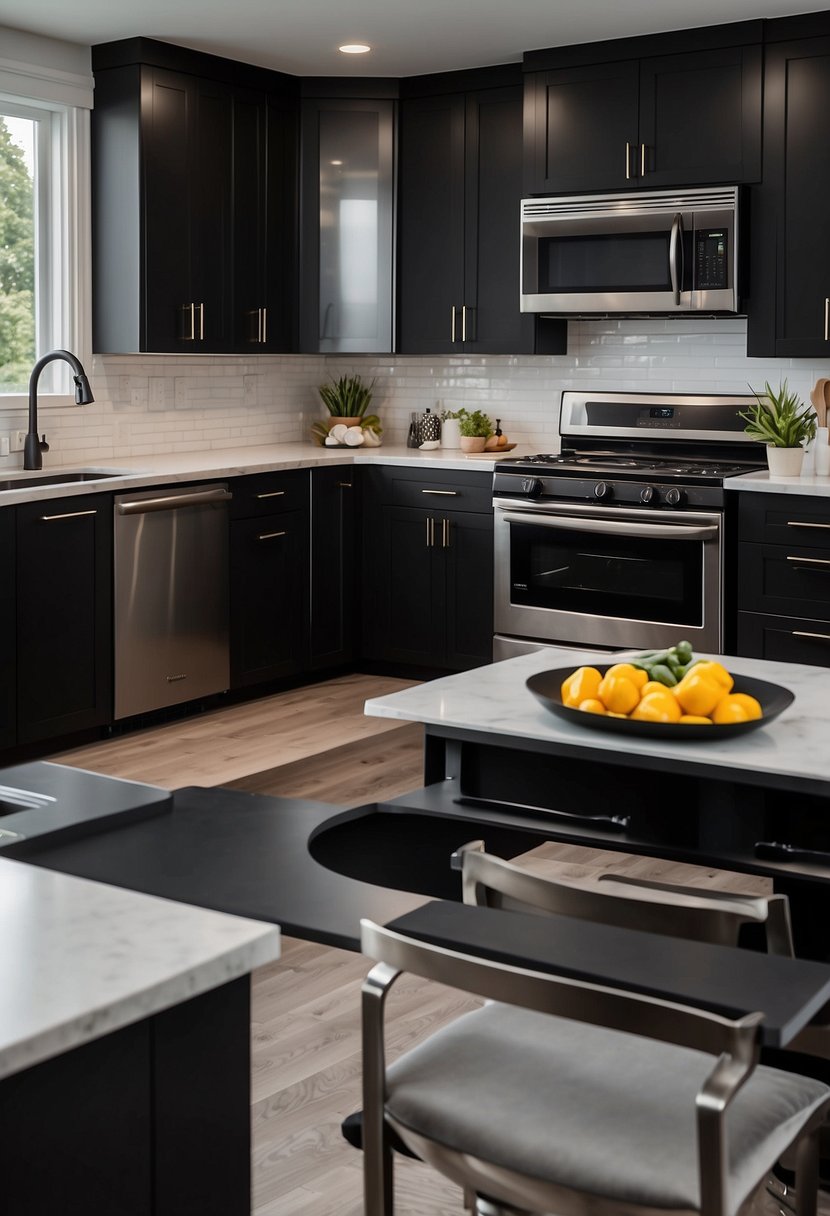 The kitchen is modern with sleek black cabinets, contrasting with white countertops and stainless steel appliances