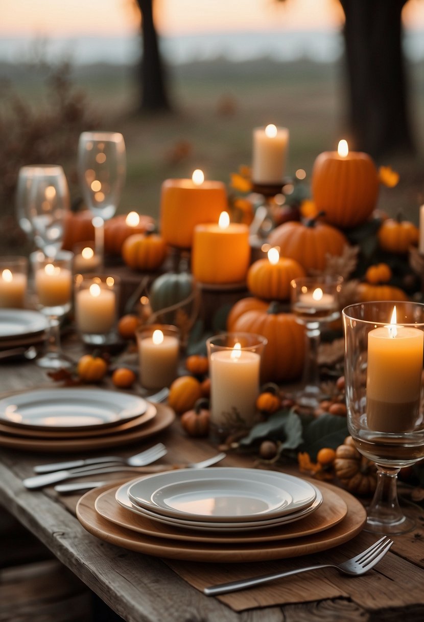 A rustic wooden table adorned with autumn leaves, pumpkins, and candles, set with elegant dinnerware and cozy linens