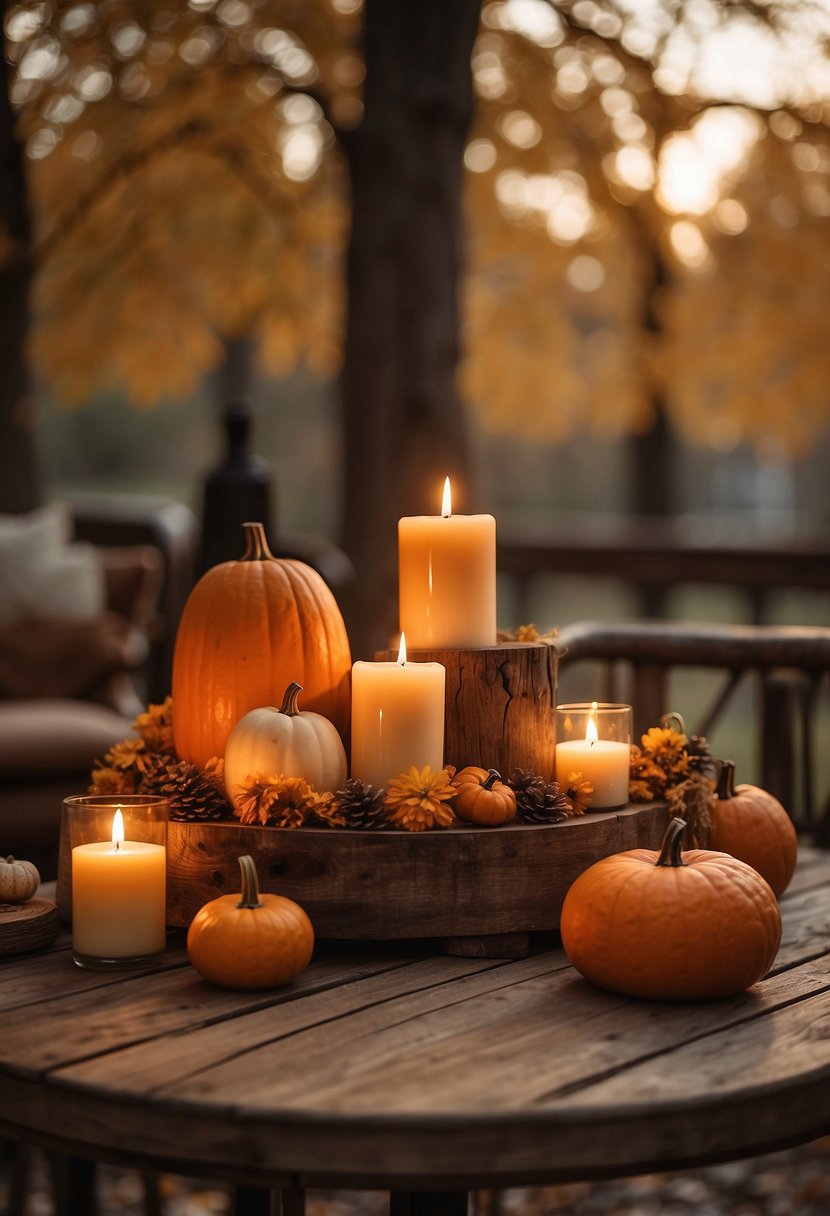 A rustic wooden table adorned with pumpkins, candles, and autumn leaves. Soft, warm lighting casts a cozy glow over the scene, evoking a charming fall ambiance