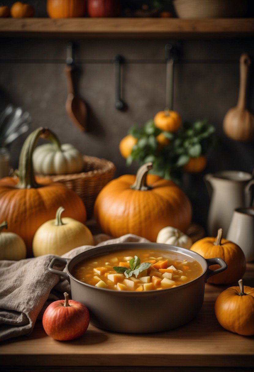 A cozy kitchen with warm tones, pumpkins, gourds, and autumn leaves adorning the countertops and shelves. A pot of simmering soup on the stove and a basket of freshly picked apples on the table