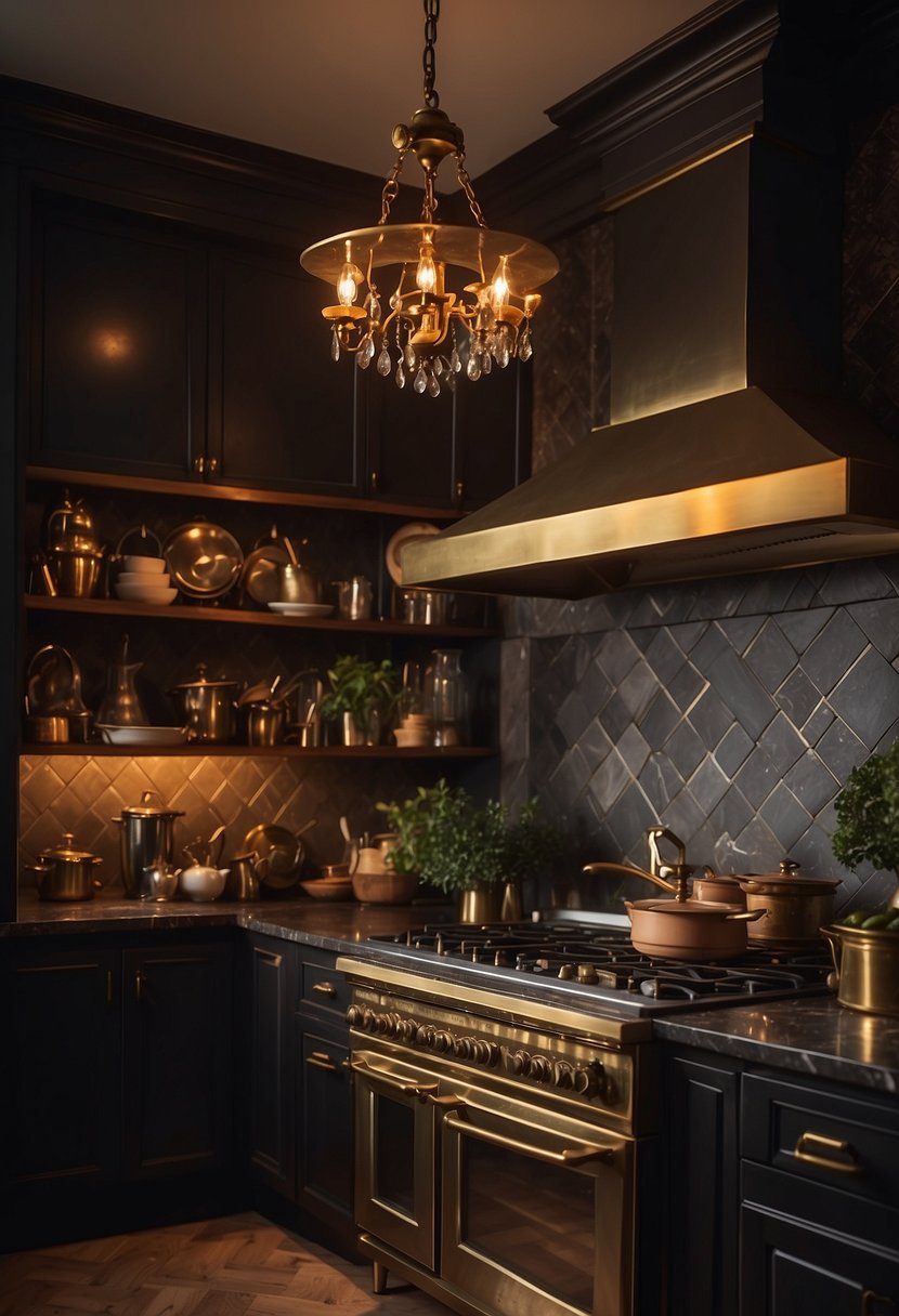 A dimly lit kitchen with vintage cookware, leather-bound books, and a marble countertop. A brass chandelier hangs overhead, casting a warm glow over the room