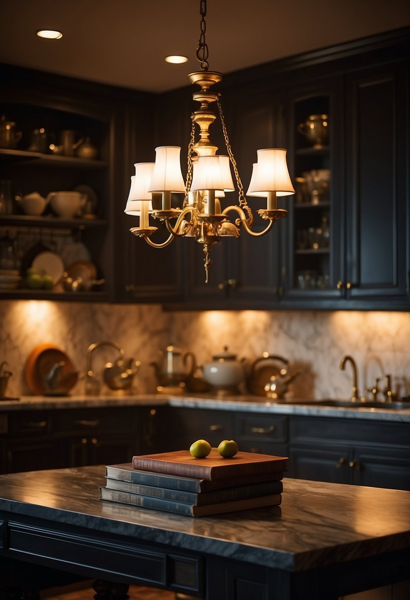 A dimly lit kitchen with vintage cookware, leather-bound books, and a marble countertop. A brass chandelier hangs overhead, casting a warm glow over the room