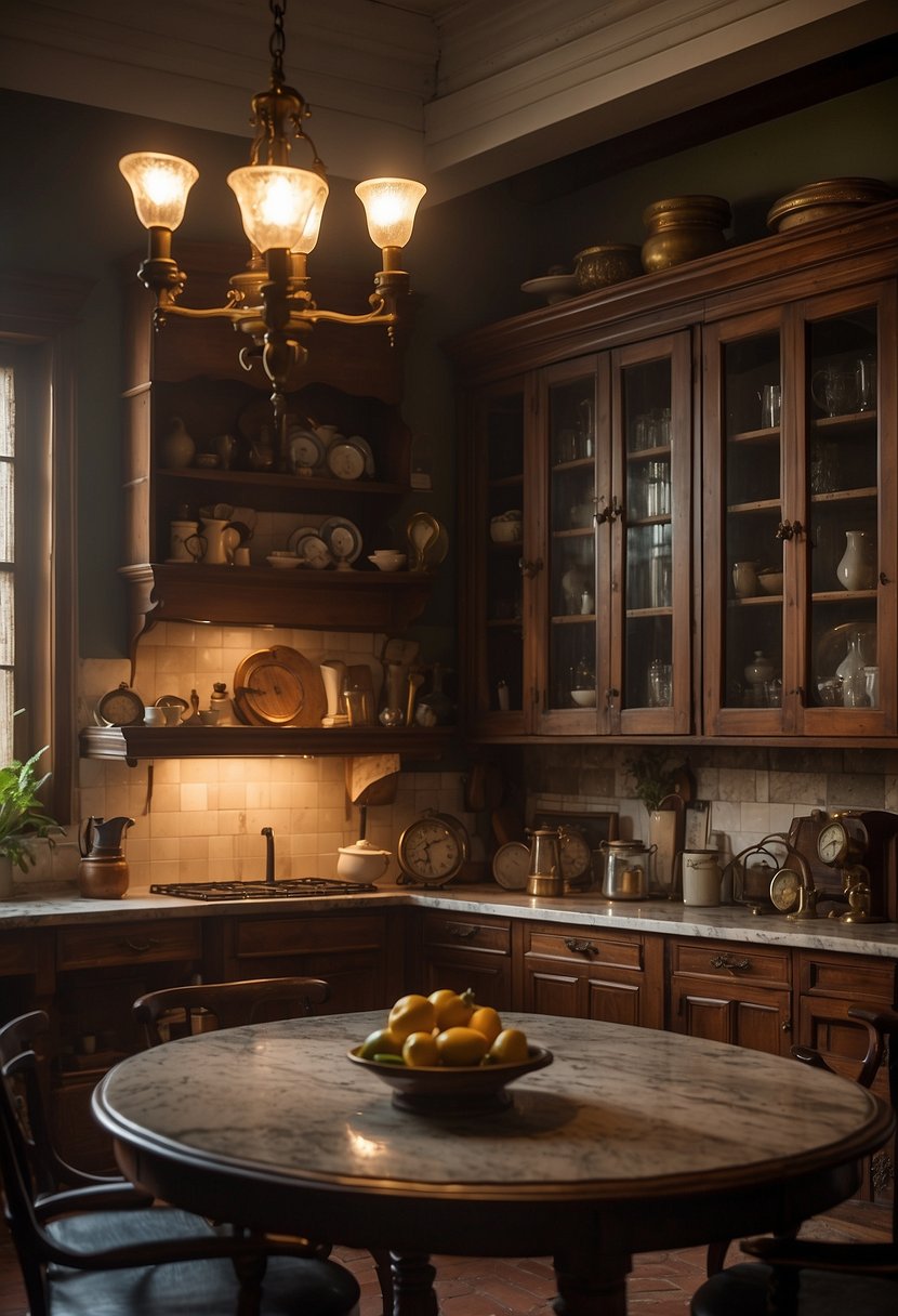 A dimly lit kitchen with vintage furniture, bookshelves, and a marble island. The walls are adorned with old paintings and the room exudes a scholarly, old-world charm