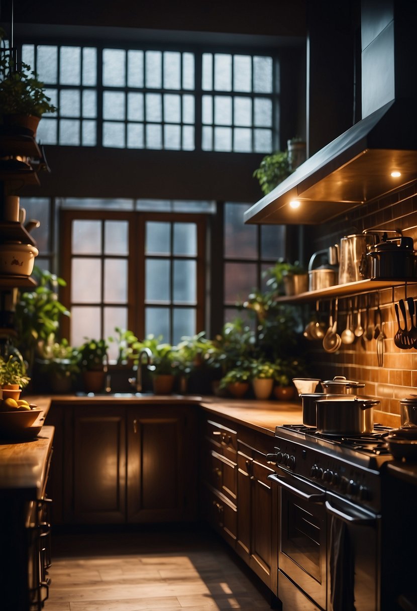 A dimly lit kitchen with deep, rich colors, vintage decor, and warm, ambient lighting