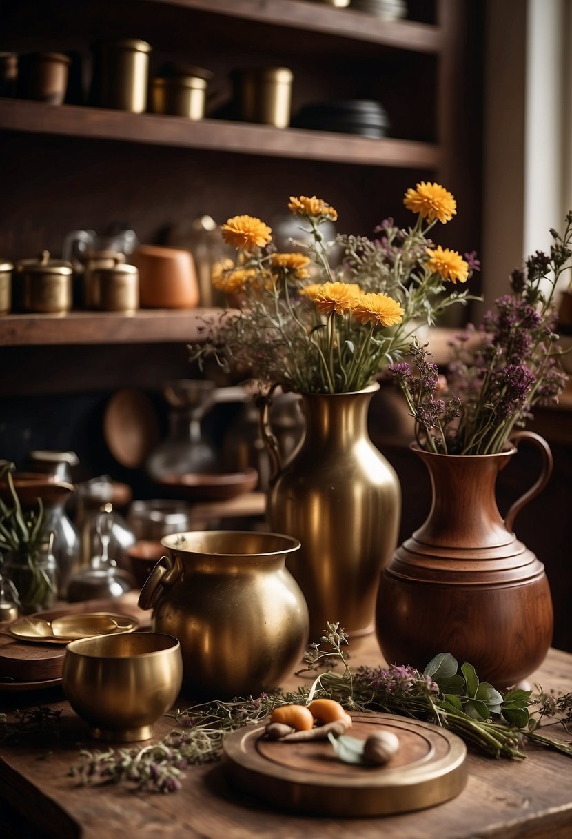 A cluttered kitchen with vintage cookware, leather-bound recipe books, and brass utensils. A mahogany table is adorned with dried flowers in a vase