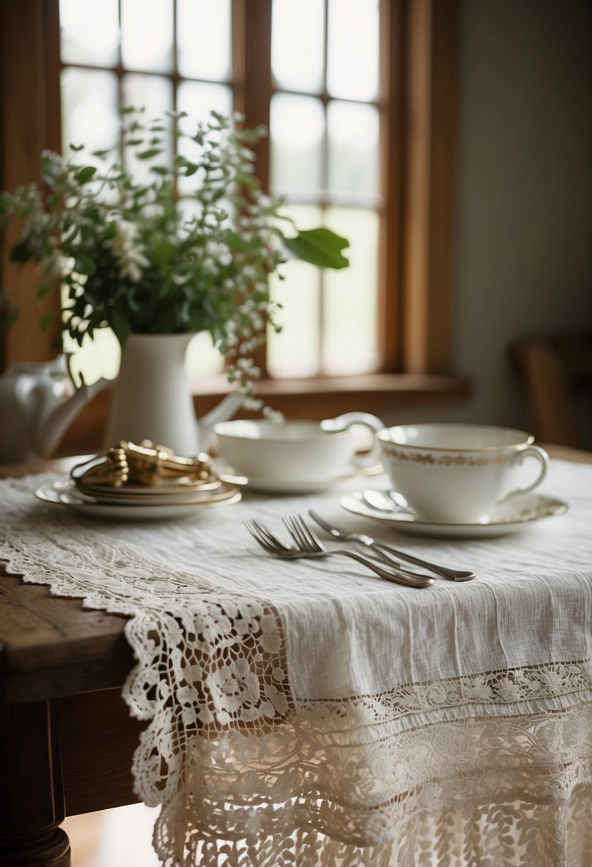 A vintage lace tablecloth drapes over a farmhouse table, adorned with heirloom china and antique silverware. Delicate linen tea towels hang from a rustic hook, adding a touch of elegance to the charming grandmillennial kitchen