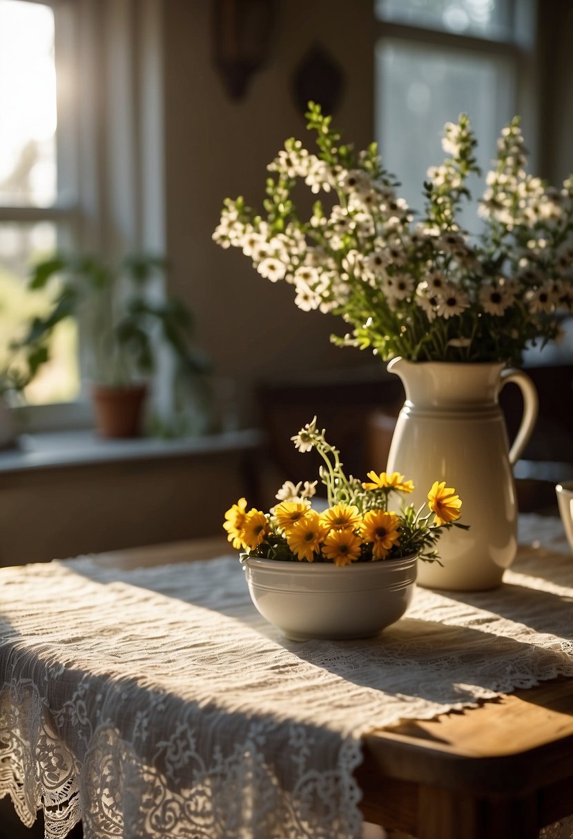 A vintage kitchen with lace curtains, embroidered linens, and floral tablecloths on a farmhouse table. Sunlight streams through the window, casting a warm glow on the delicate fabrics