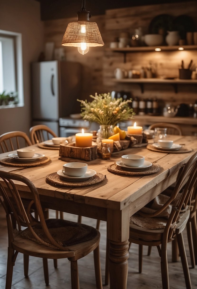 A cozy kitchen with a rustic wooden table adorned with seasonal wall decor and artwork. Warm tones and natural elements create a welcoming atmosphere