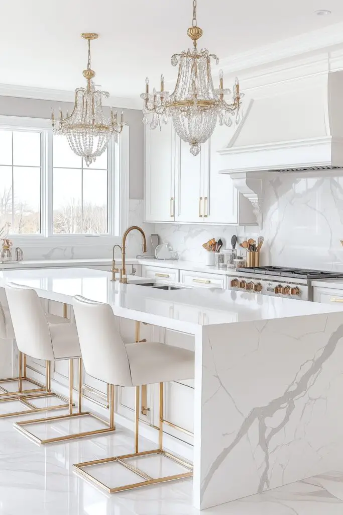 The image shows a sleek white kitchen with marble countertops and gold accents. Two large crystal chandeliers hang over the island, which has white chairs with gold frames. The kitchen features a white stove with a marble backsplash and gold hardware throughout. The design is elegant and minimalist.