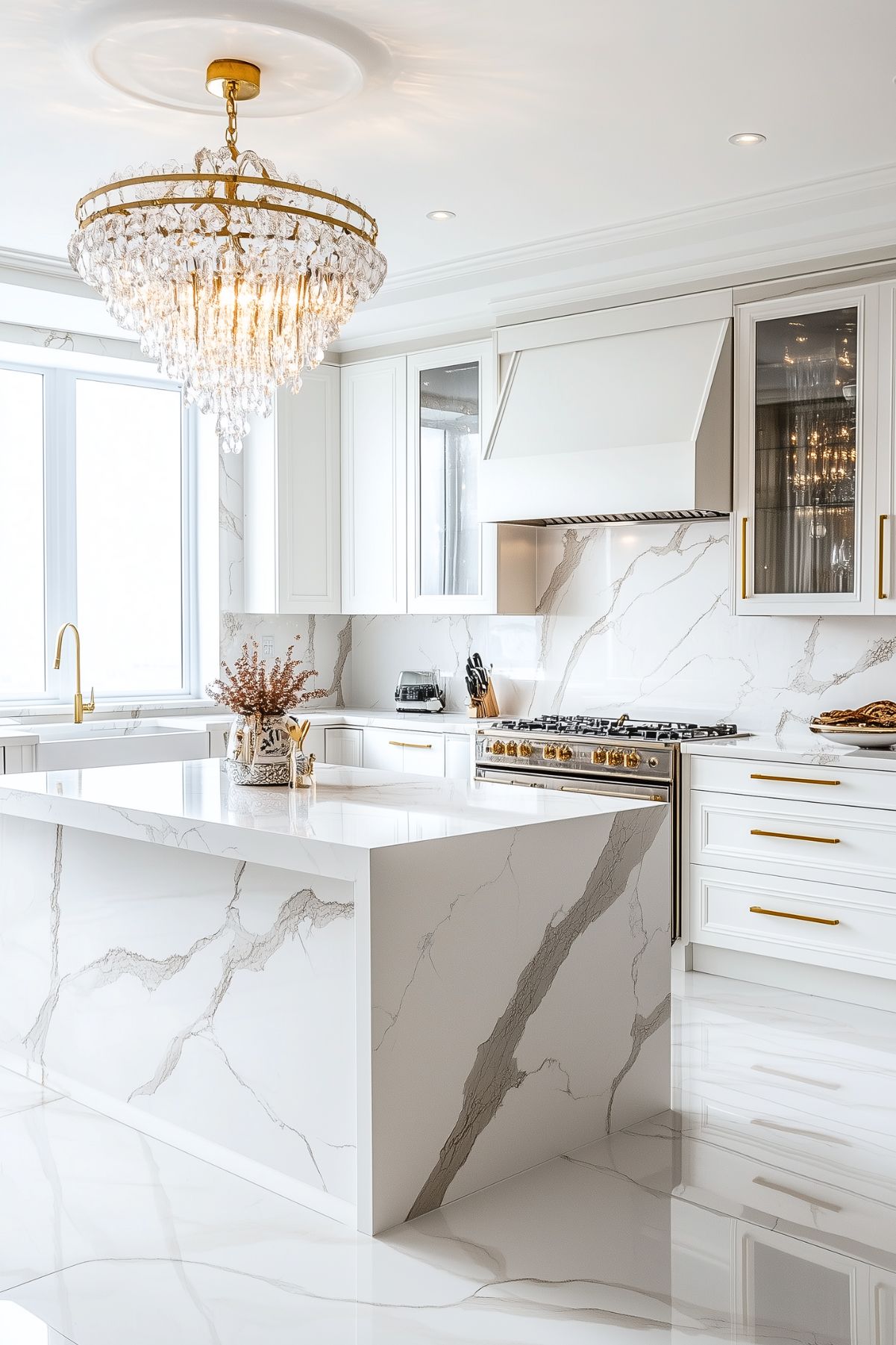 The image shows a luxurious white kitchen with a large marble island and matching countertops featuring gray veining. A grand crystal chandelier hangs above the island, adding elegance to the space. The cabinets are white with gold handles, and the faucet also has a gold finish. The backsplash is a continuation of the marble design. The stove is stainless steel with gold accents, complementing the overall sophisticated look of the kitchen. The design is bright, clean, and opulent.