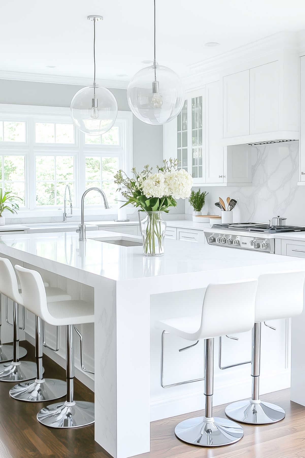 The image shows a bright, modern kitchen with a large white island and sleek, minimalist design. The island features marble countertops and is paired with four white bar stools with chrome bases. Two clear glass pendant lights hang above the island, illuminating the space. A vase of white flowers sits at the center of the island, adding a touch of nature. Stainless steel appliances and a marble backsplash complement the clean, polished look. Large windows bring in natural light, creating an open and fresh atmosphere.