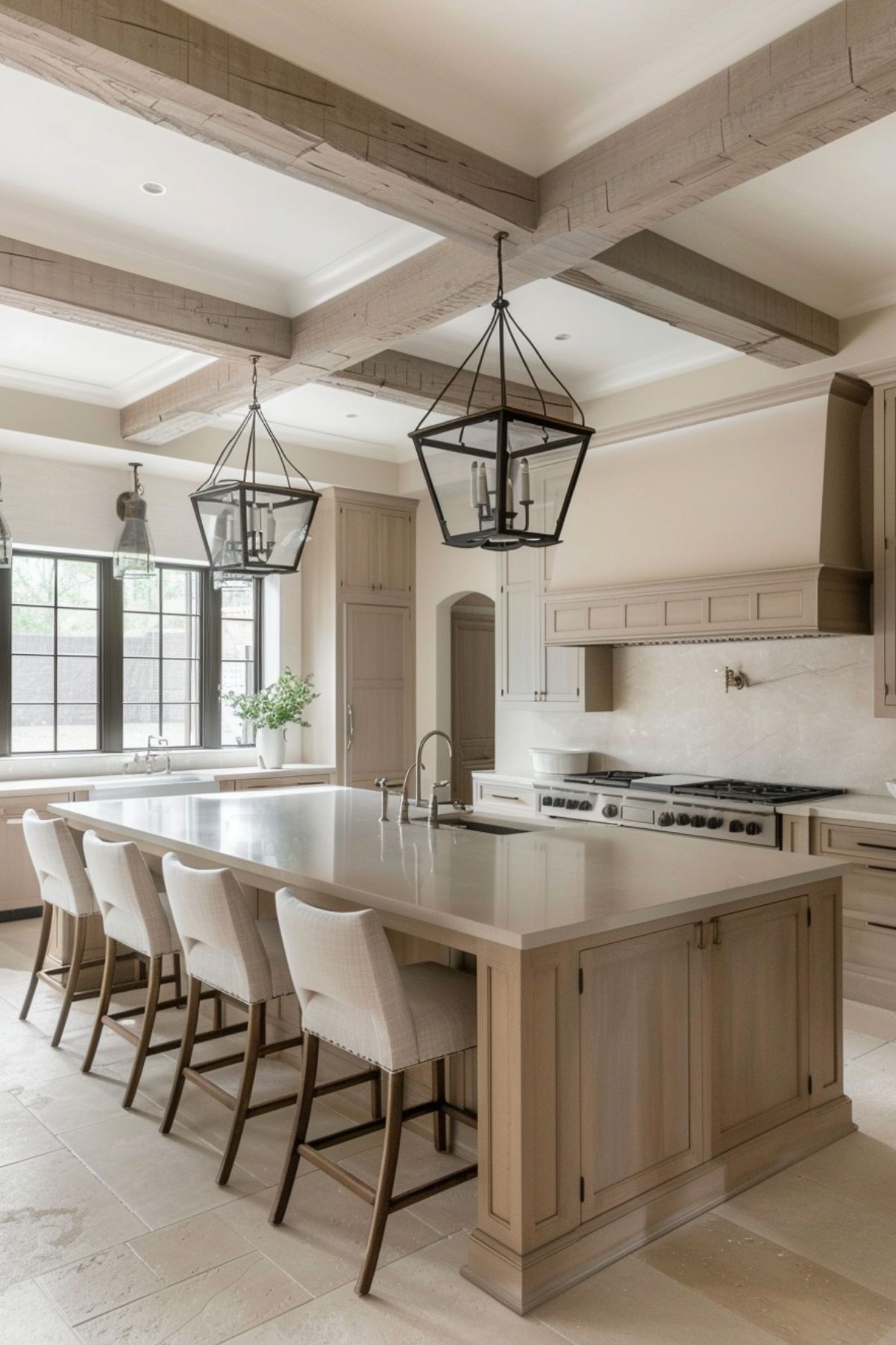 A spacious and elegant kitchen with light beige cabinetry and a large central island. The kitchen features sleek countertops and a neutral color palette, creating a warm and inviting atmosphere. The exposed wooden beams on the ceiling add a rustic touch, while the black-framed lantern pendant lights provide a stylish contrast. The island is lined with upholstered bar stools, perfect for casual dining. Large windows allow natural light to fill the room, enhancing the airy and refined design.