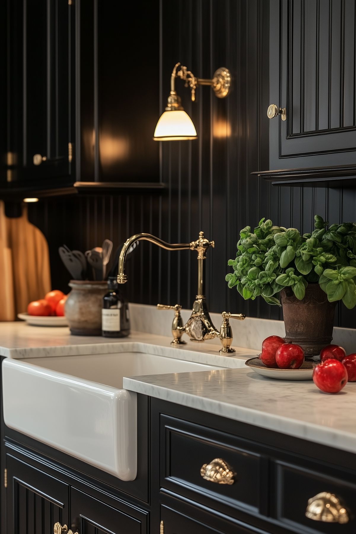 A luxurious kitchen with black cabinetry featuring elegant brass hardware. The countertops are made of white marble, which contrasts beautifully with the dark cabinetry. A classic farmhouse sink with a brass faucet adds a touch of vintage charm. The backsplash is composed of vertical black paneling, enhancing the room's rich and moody aesthetic. Warm lighting from a brass wall sconce highlights the polished details, and a potted basil plant adds a pop of green. The overall atmosphere is sophisticated and timeless, blending modern luxury with traditional elements.