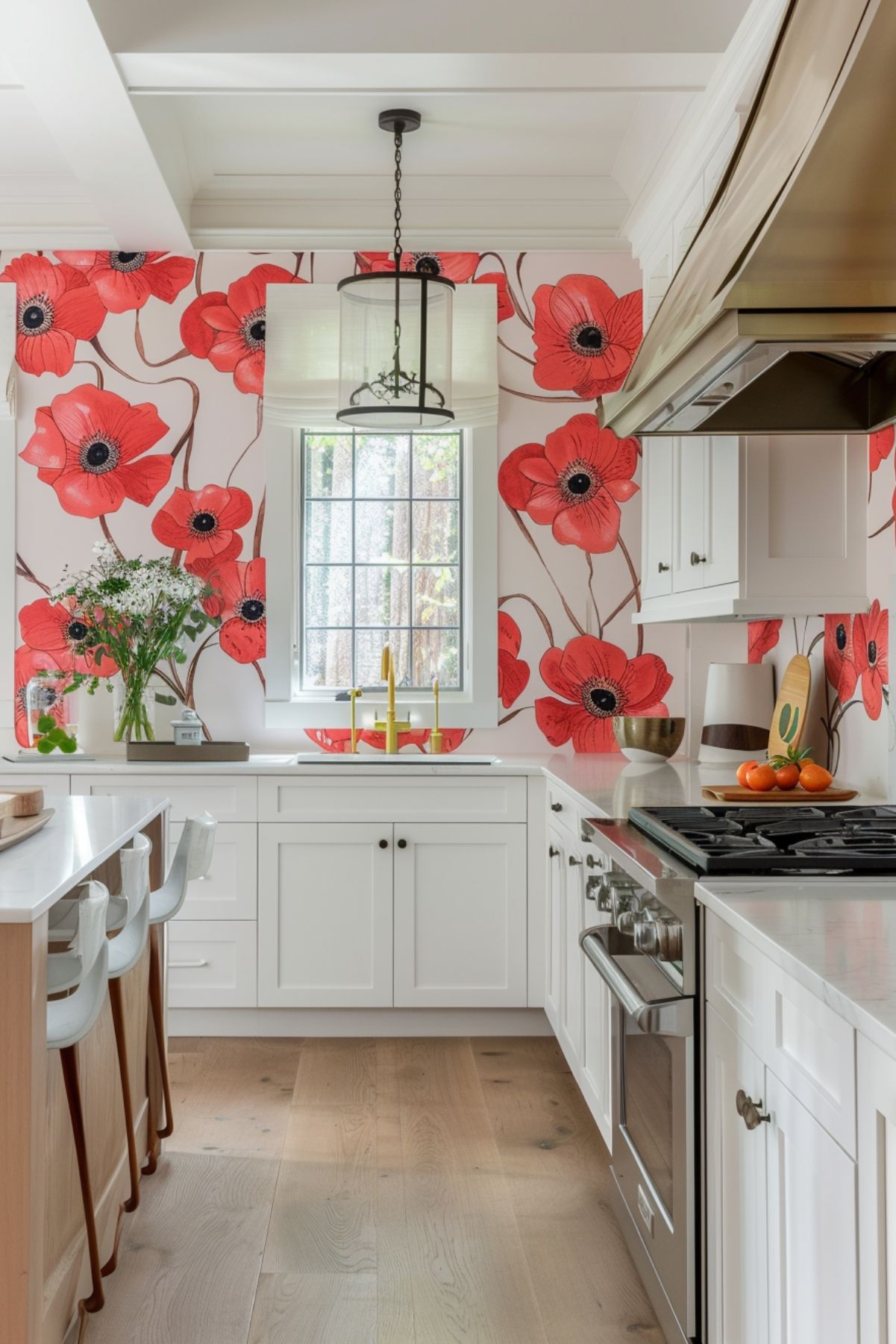 A bright and lively kitchen with white cabinetry and a vibrant floral wallpaper featuring large red poppies. The wallpaper creates a bold contrast against the crisp white cabinets and stainless steel appliances. A small window above the sink lets in natural light, complementing the fresh, cheerful atmosphere. The kitchen island features light wood tones with white barstools, adding warmth to the space. A black pendant light hangs above, offering a modern touch, while a gold faucet adds a pop of elegance. The overall look is fresh and playful, blending contemporary design with colorful accents.