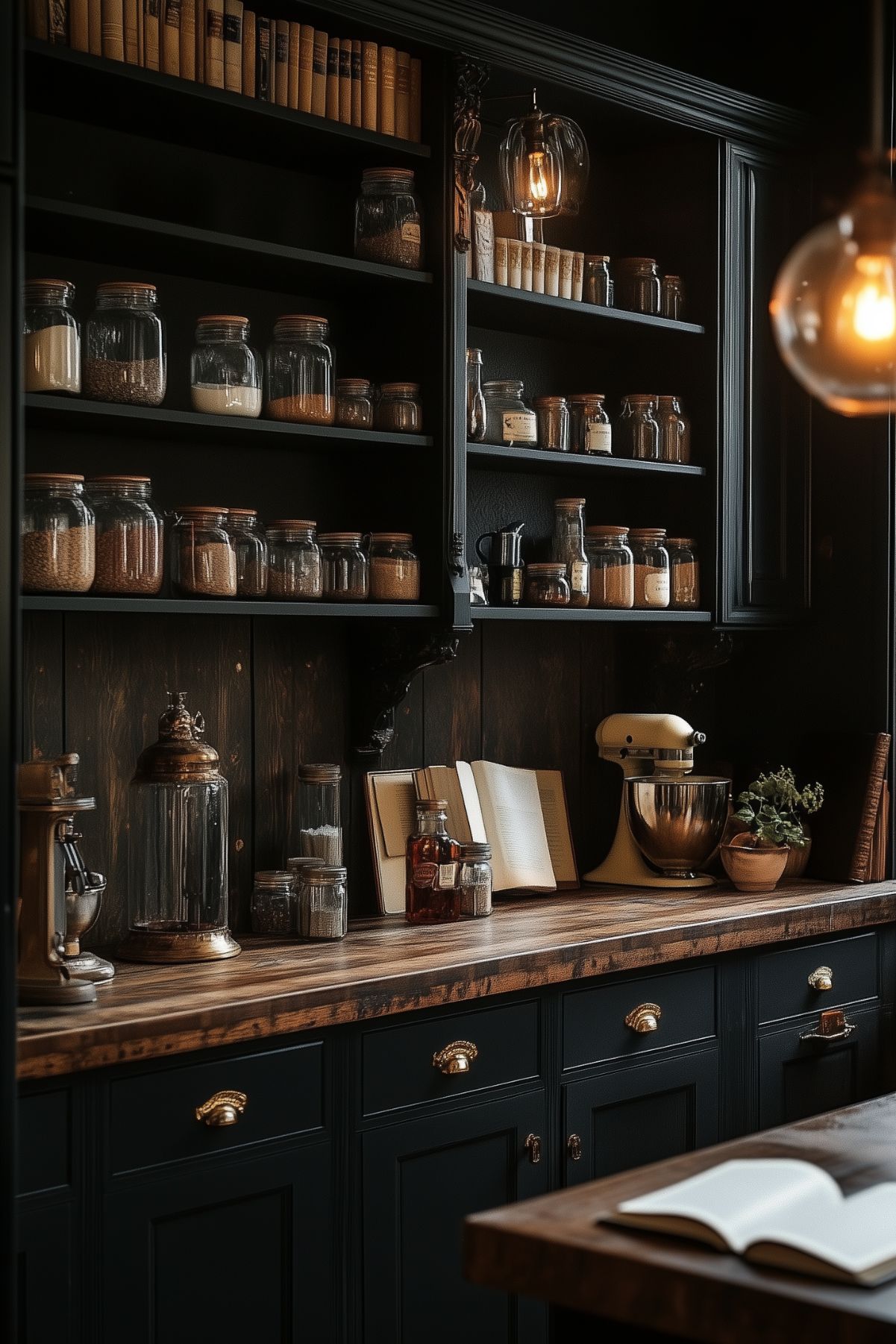 A dimly lit kitchen with dark cabinetry and wooden countertops, creating a moody, dark academia aesthetic. Open shelves are lined with jars filled with grains, spices, and pantry staples, while books are tucked neatly on the upper shelves. A stand mixer, glass jars, and bottles of ingredients sit on the counter, alongside an open cookbook. Warm, ambient lighting from pendant lights and reflective surfaces adds to the cozy, scholarly vibe of the space. The scene exudes an inviting yet intellectual atmosphere, perfect for cooking and quiet study.