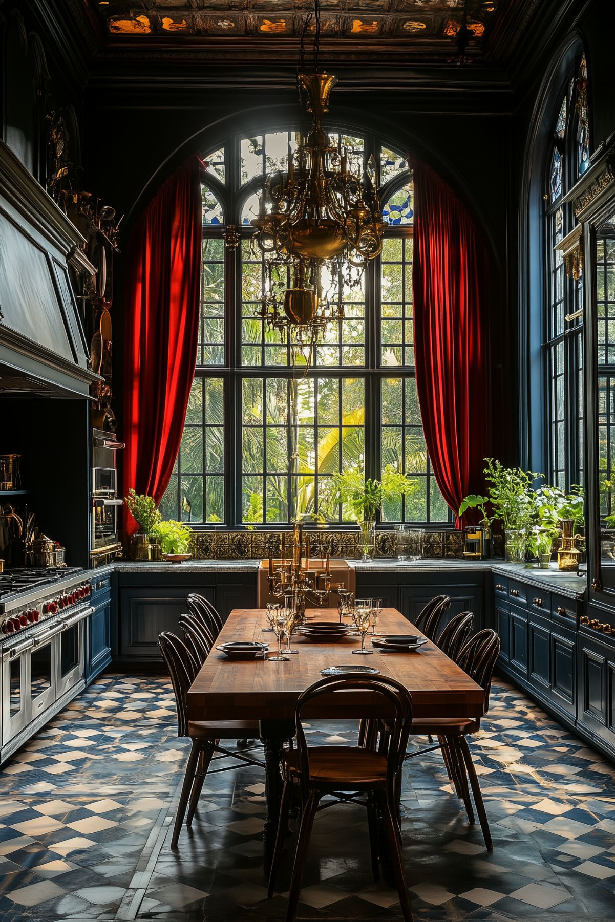 A grand, luxurious kitchen with tall arched windows framed by rich red curtains, allowing natural light to flood the room. The dark walls and cabinetry give the space a dramatic and moody atmosphere, while the checkered floor adds a classic touch. A large wooden dining table is set with plates and glassware, beneath an ornate chandelier hanging from the high ceiling. Potted plants sit along the windowsill, bringing a touch of greenery to the elegant, dark academia aesthetic. The brass accents and detailed ceiling add to the opulent feel of the room.