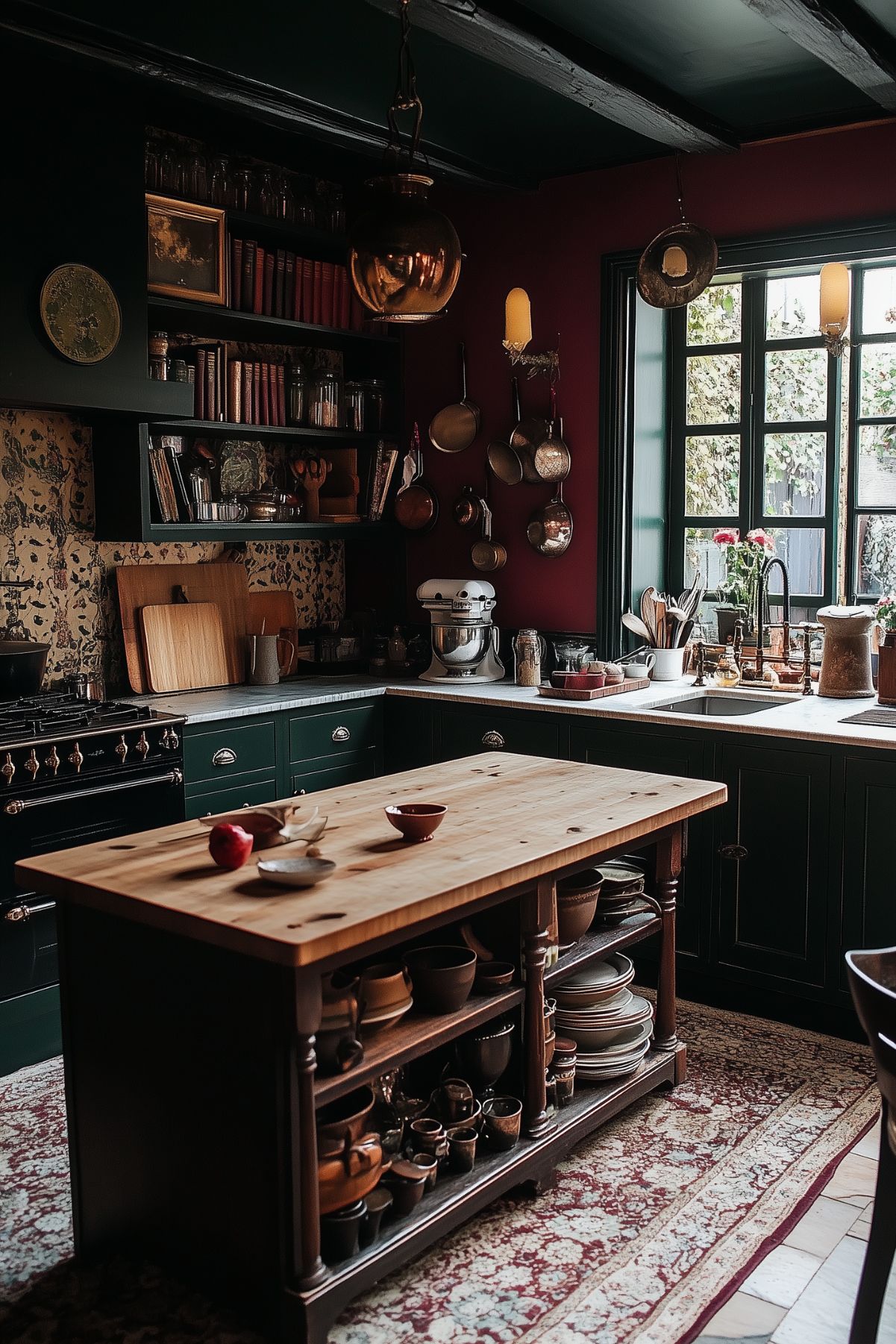 A charming kitchen with deep green cabinets and dark red walls, adorned with vintage cookware and decor. Pots and pans hang neatly on the wall, while a butcher block island sits in the center, holding various bowls and kitchenware on its lower shelves. A cozy window with natural light brightens the space, and potted plants add a fresh touch. Books and glass jars fill the shelves above the counter, while patterned wallpaper and a rug give the kitchen a warm, eclectic feel, emphasizing the dark academia aesthetic.