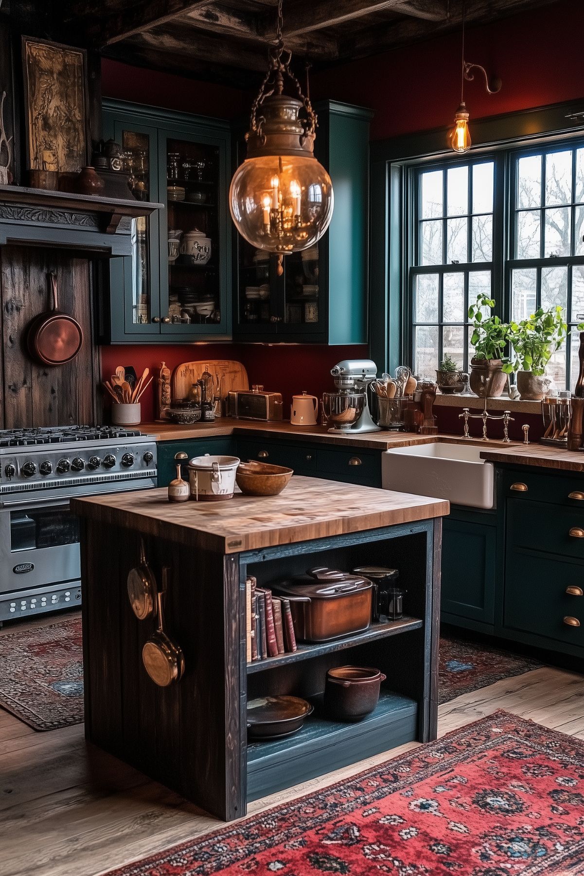 A cozy, rustic kitchen with dark green cabinets and warm wood accents, enhanced by vintage copper cookware and charming decor. An island with a butcher block countertop takes center stage, featuring shelves stocked with cookbooks and kitchen essentials. The kitchen is illuminated by a large, antique-style pendant light, while natural light streams in through a set of large windows. A farmhouse sink sits beneath the window, surrounded by potted plants. The space is completed with a traditional stove and patterned rugs, contributing to the room’s inviting dark academia aesthetic.