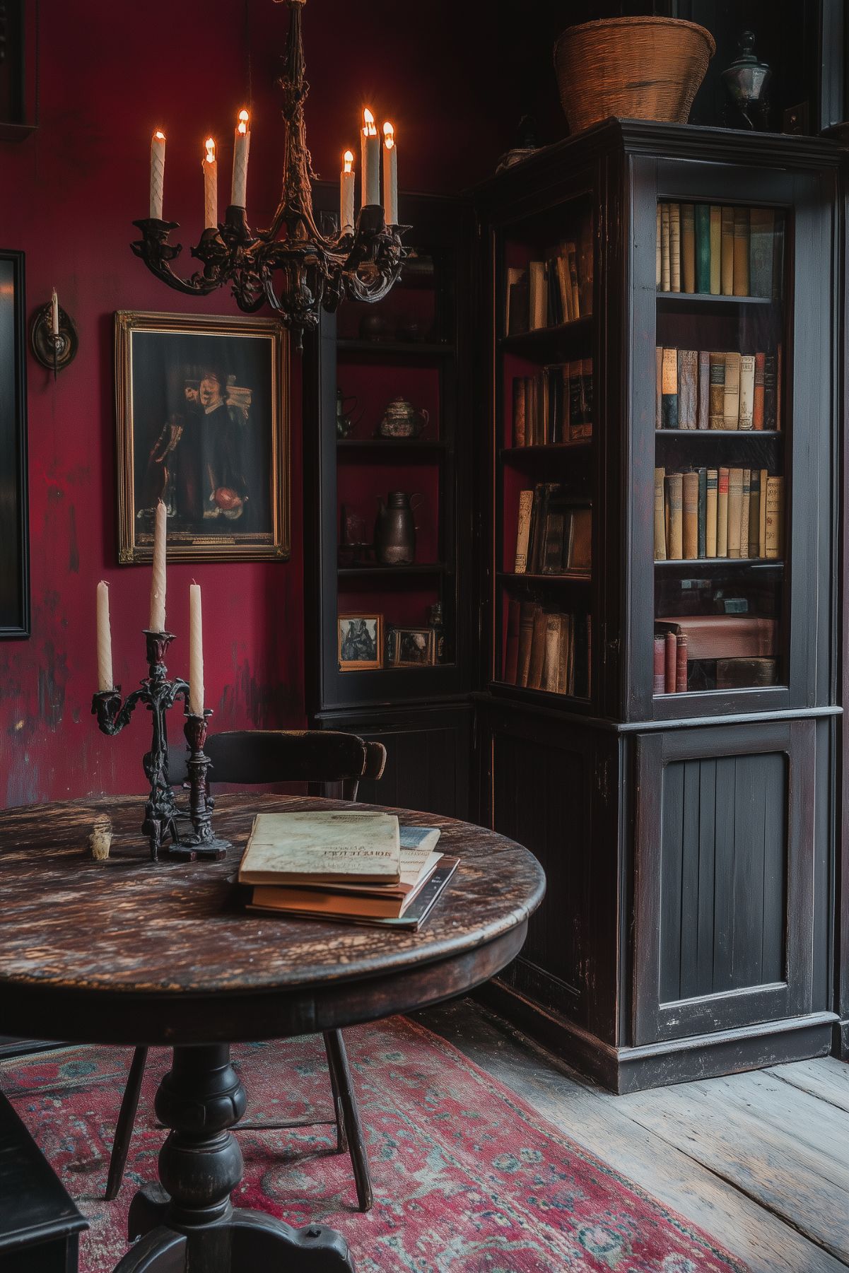 A small, moody study area with dark wooden bookshelves and deep red walls. A round, weathered wooden table is centered in the room, with old books and a candelabra on top. The bookshelves are filled with antique books and decorative items, while a framed painting hangs on the wall. An ornate black chandelier with lit candles adds a gothic touch to the space. The scene is completed by a vintage rug on the wooden floor, creating a cozy, academic atmosphere with a dark academia vibe.