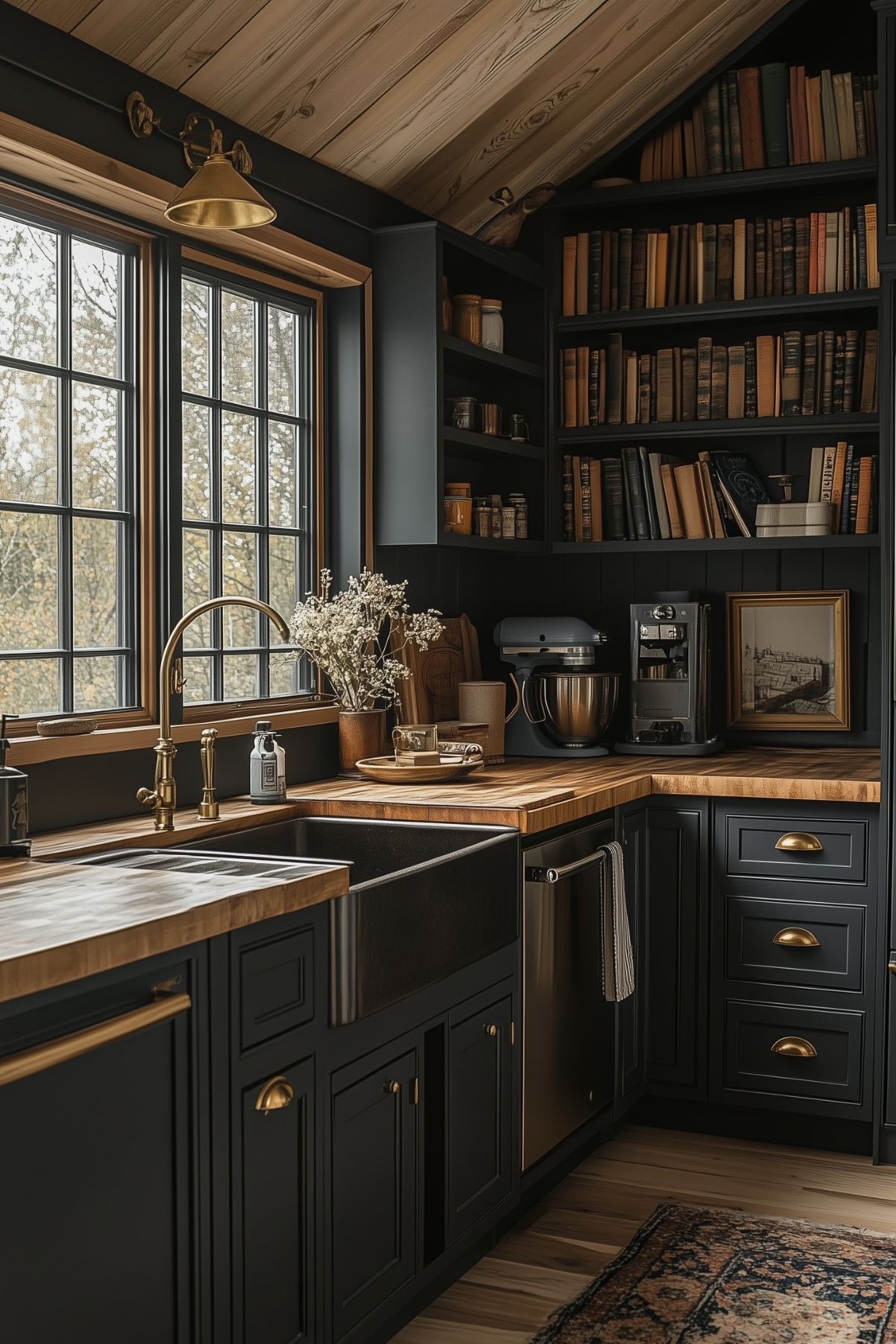 A cozy, rustic kitchen with dark cabinetry and warm wooden countertops. The space is filled with natural light from a large window above the sink, which features brass fixtures and potted flowers. Bookshelves filled with old books and jars line the wall, adding a scholarly touch to the dark academia aesthetic. The wooden ceiling and flooring enhance the warmth of the room, while a stand mixer and coffee machine sit on the counter, creating a functional yet inviting cooking space. The overall atmosphere is charming and intellectual, perfect for both culinary tasks and quiet moments.