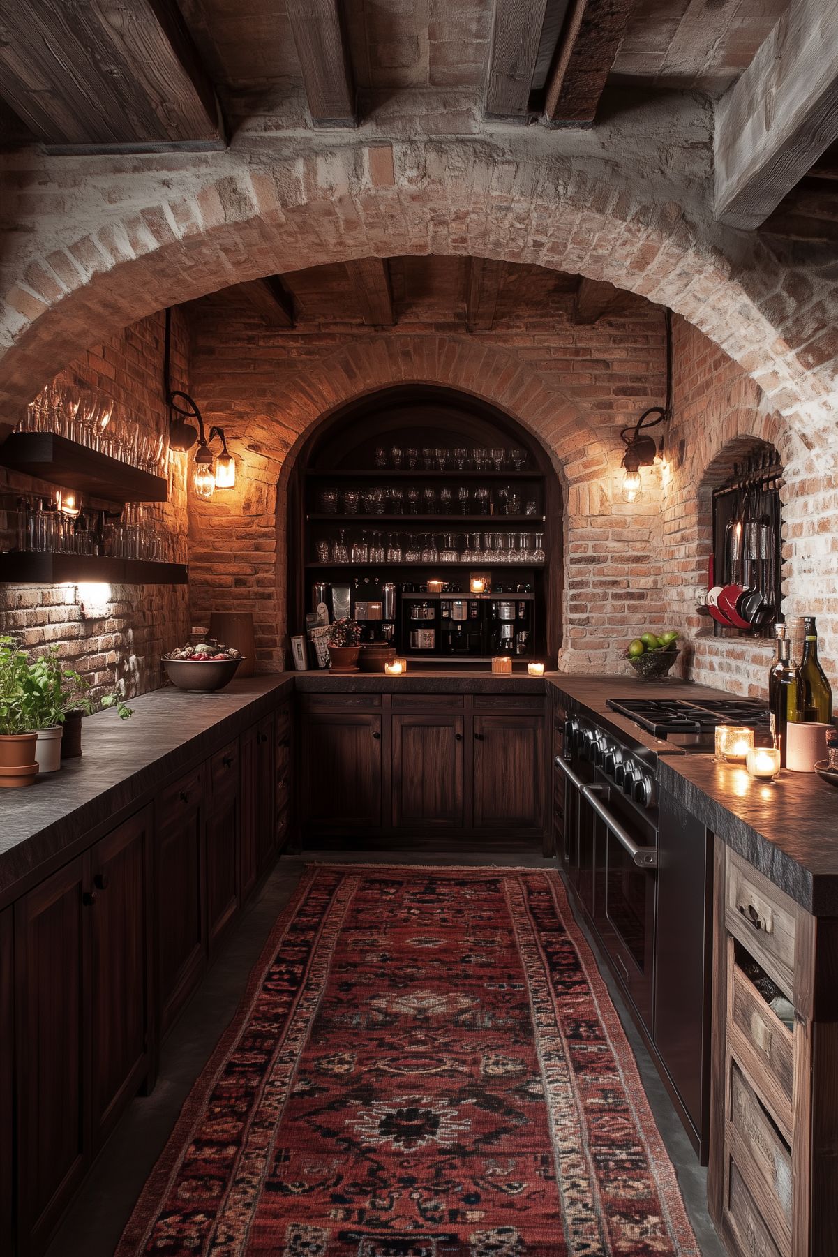 A warm, intimate kitchen with exposed brick walls and arched ceilings, evoking a rustic yet elegant atmosphere. The space features dark wooden cabinetry and stone countertops, with a vibrant red-patterned runner along the floor. Glassware lines open shelves, while soft lighting from exposed bulbs and candles enhances the cozy, inviting feel. A small window with hanging cookware adds charm, and potted herbs bring a touch of greenery. The overall aesthetic is reminiscent of an old-world wine cellar, perfectly blending the dark academia style with functionality.