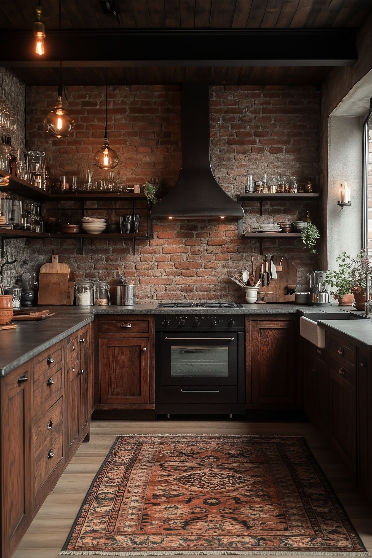 A cozy, industrial-style kitchen featuring exposed brick walls and dark wooden cabinets. The focal point is a sleek black range hood centered above the stove, complemented by floating shelves holding glassware, dishes, and kitchen essentials. The space is warmly lit by hanging pendant lights with exposed bulbs, enhancing the rustic charm of the brick backdrop. A patterned rug adds warmth to the wooden floor, while a large window brings natural light into the room. The overall aesthetic blends modern functionality with a vintage, dark academia vibe.