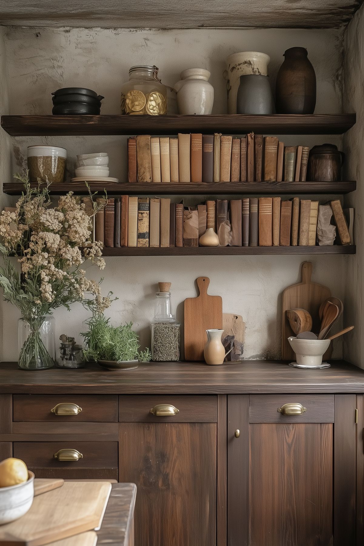 A charming kitchen nook with dark wooden cabinetry and shelves filled with vintage books and ceramic jars. The rustic aesthetic is enhanced by the soft, neutral tones of the weathered walls. Cutting boards and wooden utensils rest against the counter, while potted herbs and dried flowers add a touch of nature. Jars and vases sit alongside the books, creating a cozy, old-world feel that blends functionality with a dark academia vibe. The space exudes warmth, with natural elements and thoughtful decor tying it all together.