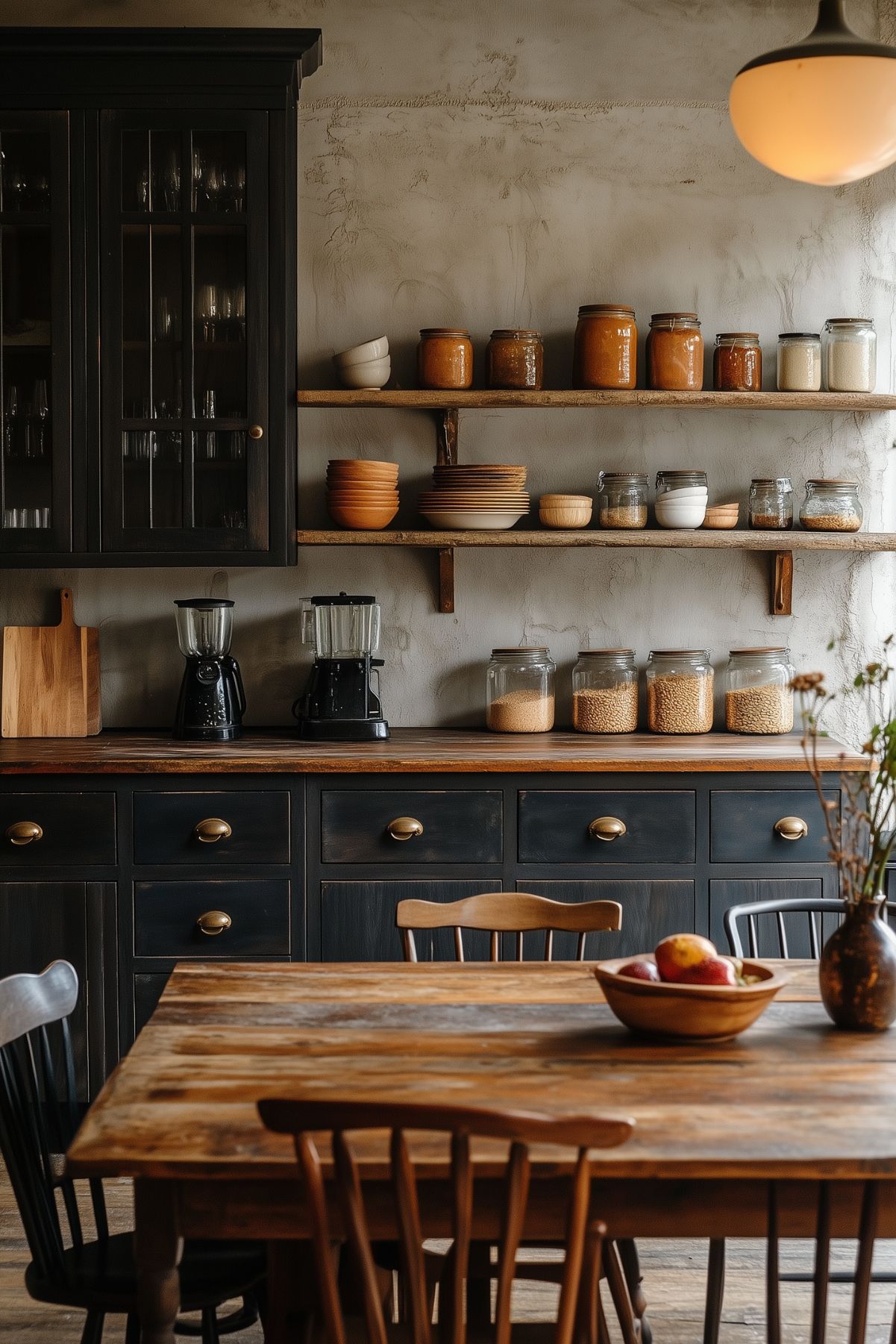 A cozy kitchen with dark wooden cabinets and open shelving, featuring jars of grains, spices, and other dry ingredients. Wooden bowls and plates are neatly stacked on the shelves, while two black blenders sit on the countertop. A rustic wooden dining table is centered in the foreground, surrounded by mismatched wooden chairs, creating a warm and inviting atmosphere. The lighting is soft and ambient, enhancing the kitchen's earthy, dark academia aesthetic.