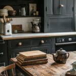 A rustic kitchen featuring dark wooden cabinets and shelves lined with books and kitchenware. A worn wooden table takes center stage, with a stack of vintage books and a black teapot set on top. In the background, a coffee maker, plates, and utensils sit on the countertop, and soft natural light fills the space. The muted tones, weathered surfaces, and minimal decor contribute to the cozy, scholarly atmosphere of the dark academia aesthetic.