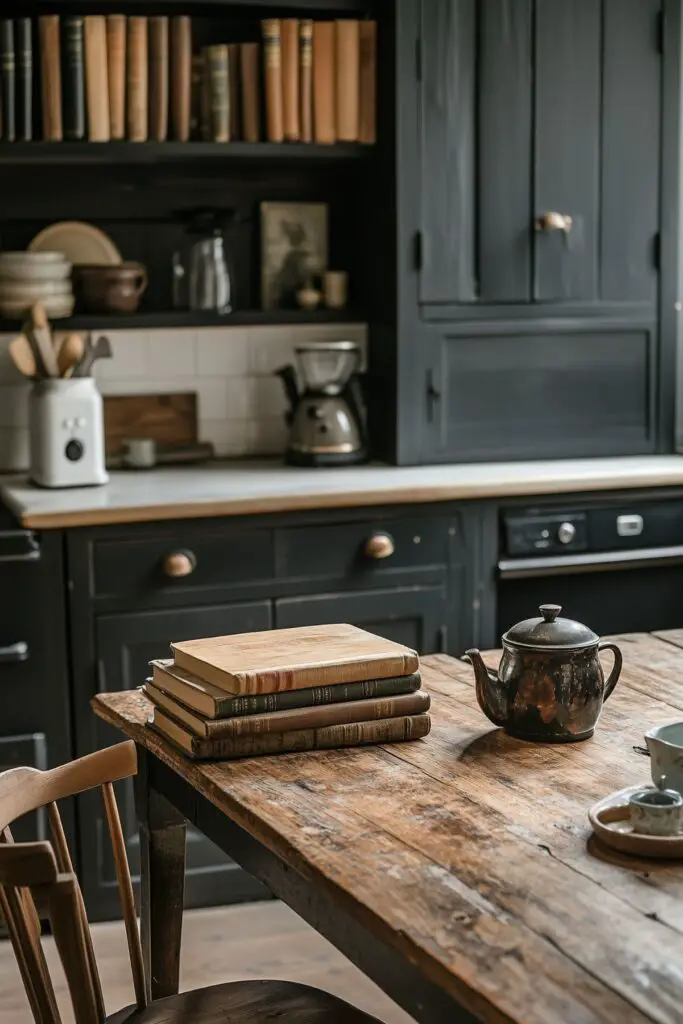 A rustic kitchen featuring dark wooden cabinets and shelves lined with books and kitchenware. A worn wooden table takes center stage, with a stack of vintage books and a black teapot set on top. In the background, a coffee maker, plates, and utensils sit on the countertop, and soft natural light fills the space. The muted tones, weathered surfaces, and minimal decor contribute to the cozy, scholarly atmosphere of the dark academia aesthetic.