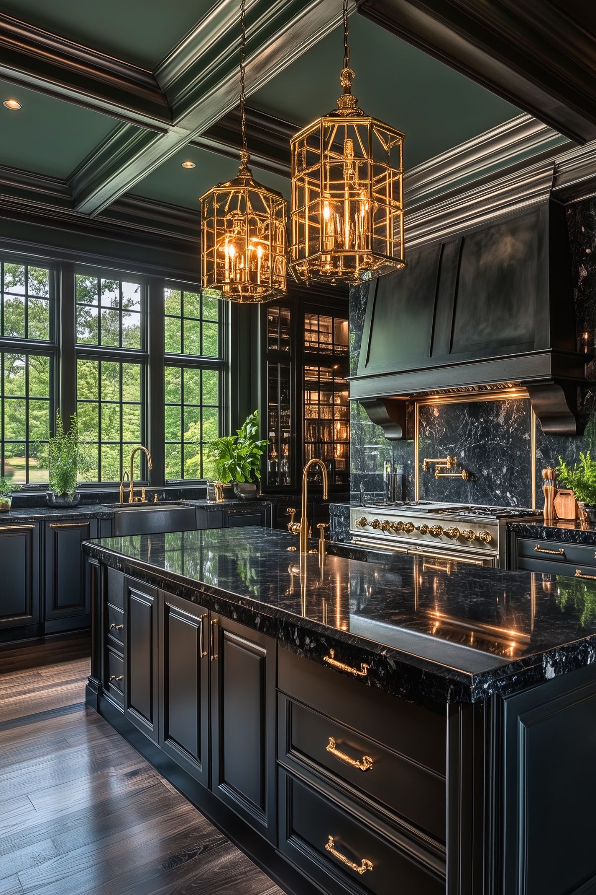 Luxurious dark kitchen featuring black cabinetry, a large island with a polished marble countertop, and gold accents throughout. The space is illuminated by ornate brass pendant lights, casting a warm glow on the rich, moody palette. Large windows provide natural light, while touches of greenery add a fresh contrast to the opulent design.