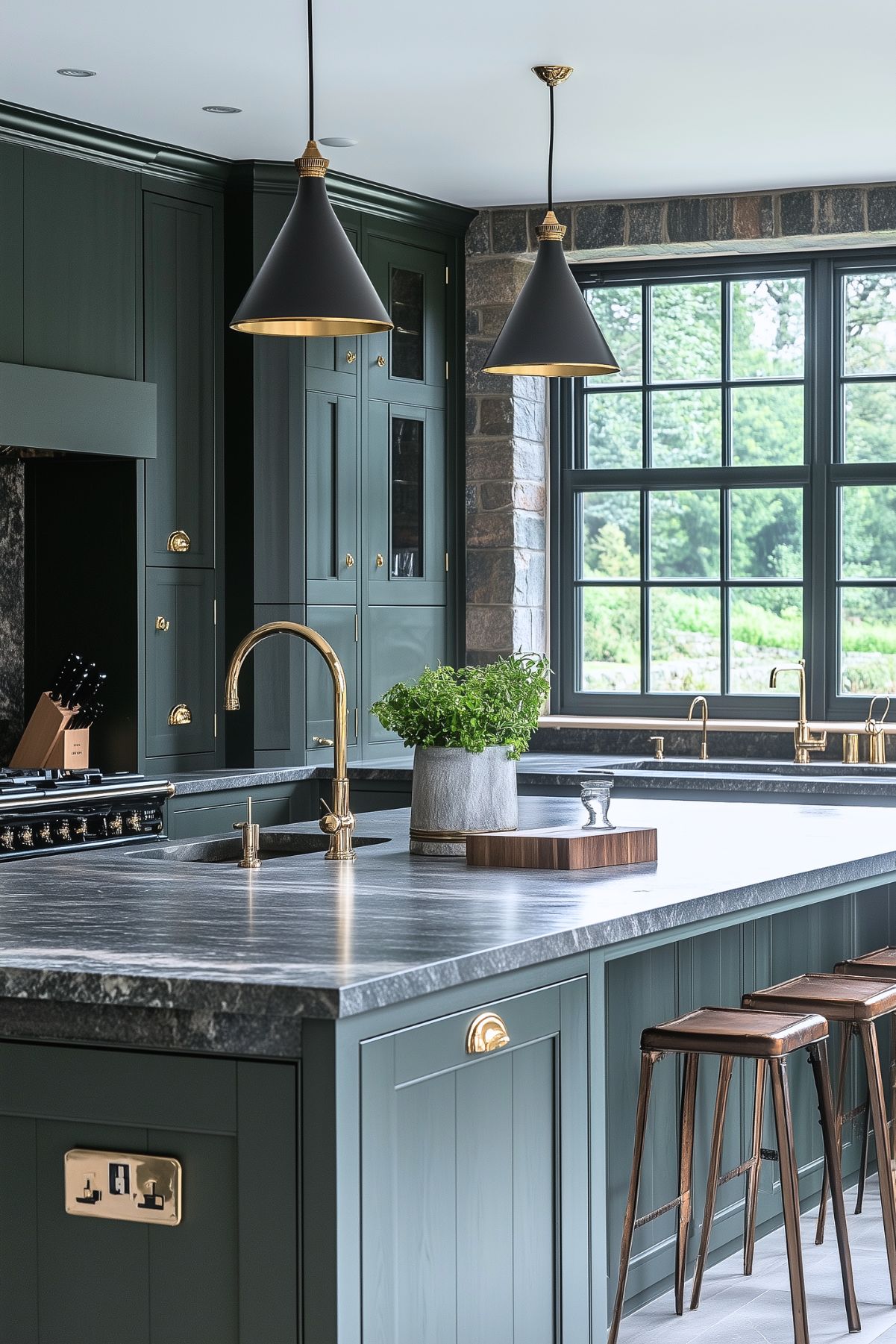 Modern farmhouse kitchen featuring dark cabinetry contrasted by white subway tile backsplash and a light quartz countertop. Large industrial-style pendant lights hang above the island, which is paired with woven wooden stools for a cozy, rustic touch. The warm wood flooring adds natural warmth to the sleek and minimalist design.