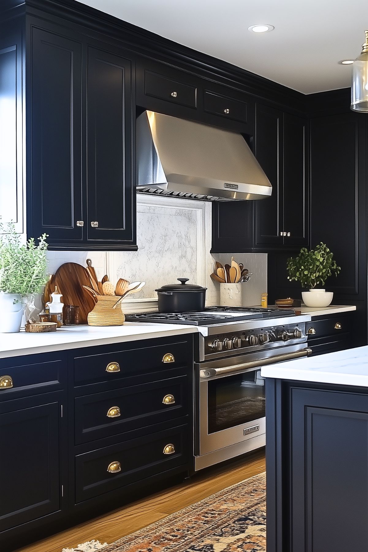 Classic kitchen with sleek black cabinetry and brushed gold hardware. The white countertops and marble backsplash create a crisp contrast, while the stainless steel range and hood bring a modern touch. A decorative rug adds warmth, and the wooden utensils and greenery offer natural accents for a cozy yet sophisticated look.