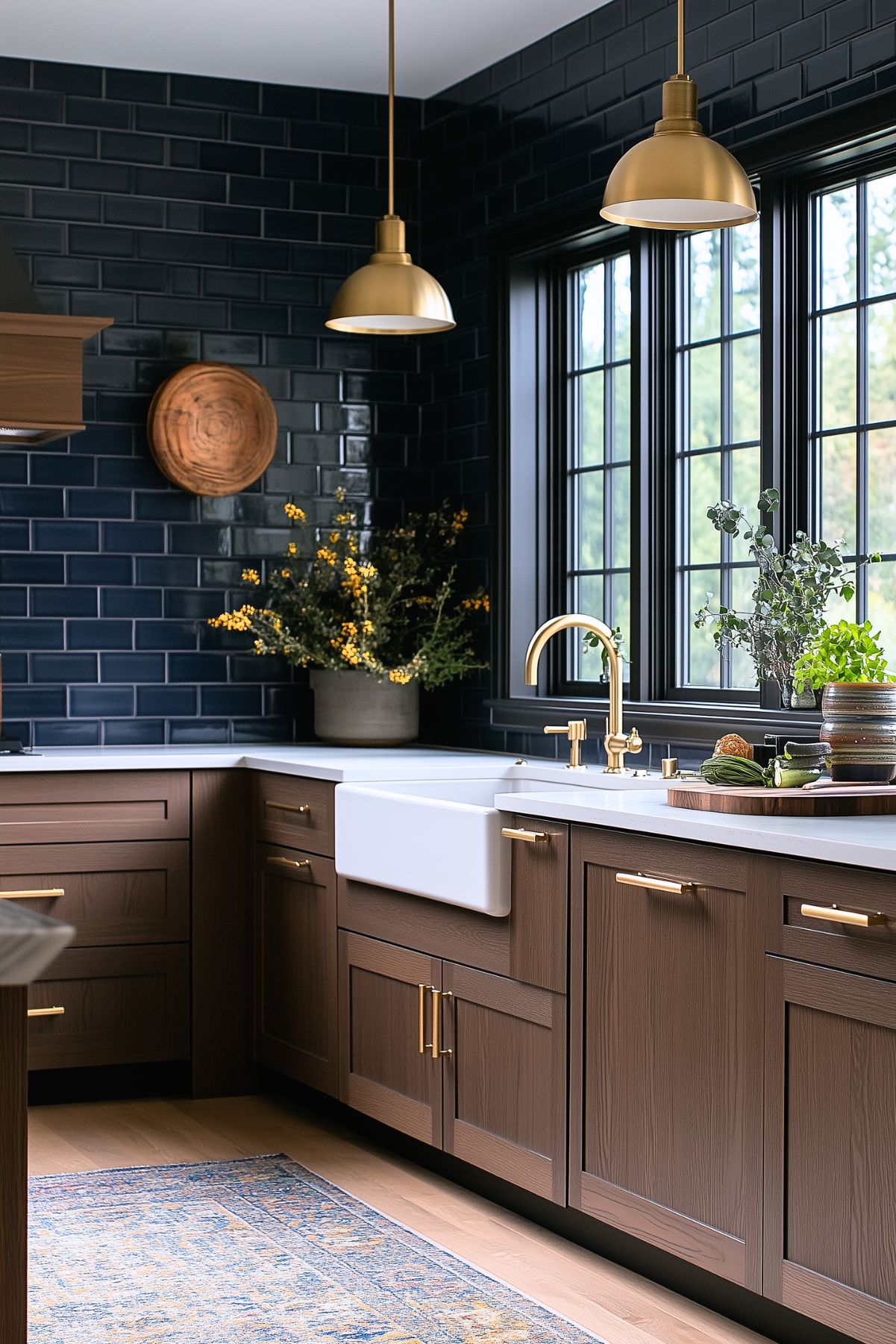 Contemporary kitchen featuring rich wooden cabinetry with brass hardware, paired with a sleek white farmhouse sink. The deep navy subway tile backsplash adds a dramatic contrast, while brass pendant lights and fixtures provide a warm, elegant touch. Large windows bring in natural light, and a cozy rug adds warmth to the space, creating a stylish yet inviting atmosphere.