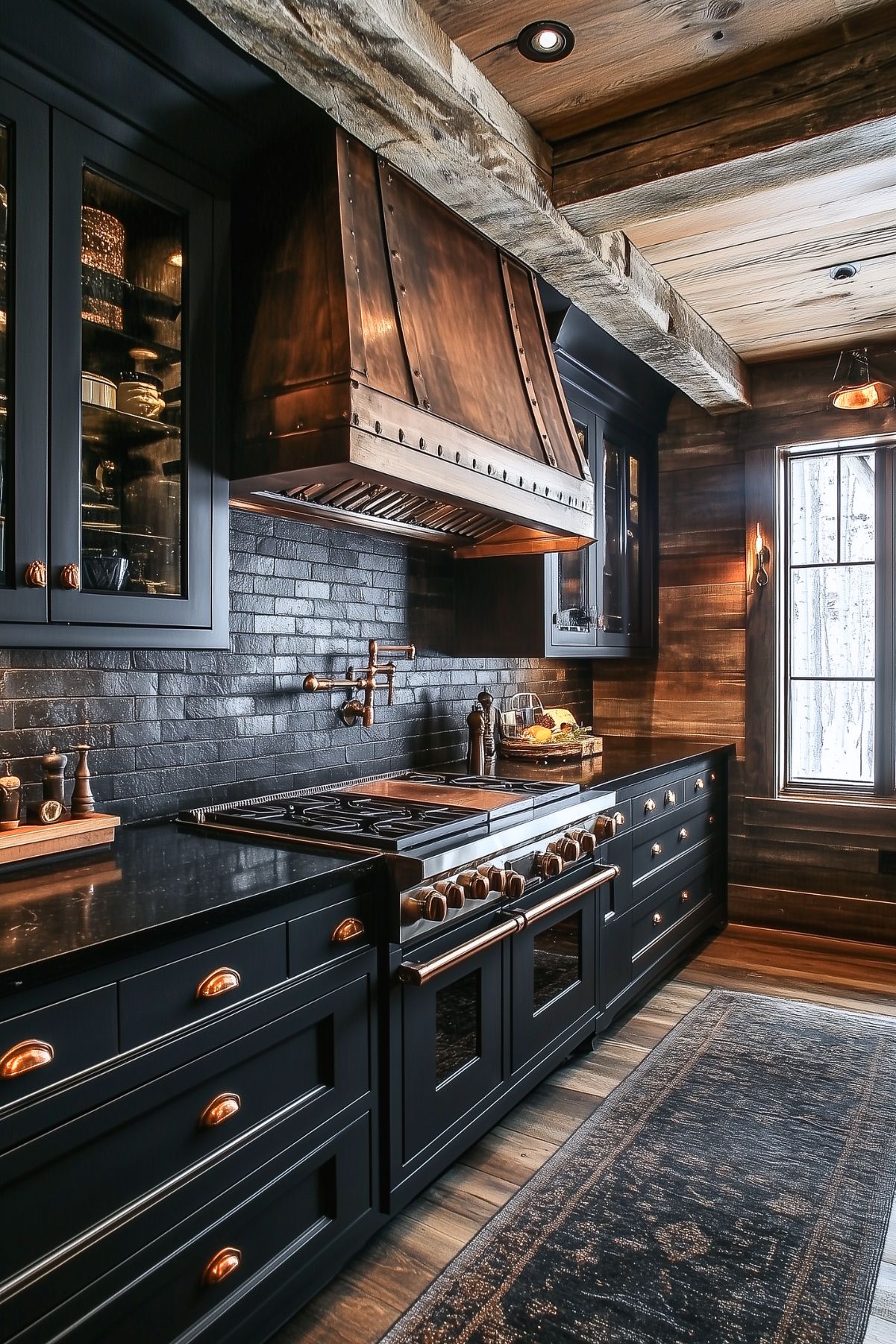 Rustic kitchen with dark cabinetry and rich wood accents, featuring a bold copper range hood and matching copper hardware. The black subway tile backsplash adds texture, while exposed wooden beams and plank walls bring a cozy cabin feel. A vintage-style rug and warm lighting enhance the inviting, earthy atmosphere of the space.