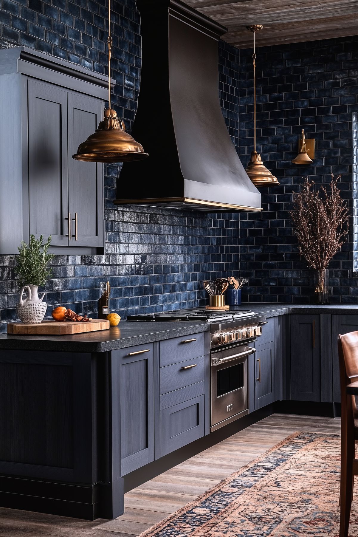 Elegant kitchen with deep blue cabinetry and glossy subway tile backsplash. The space is anchored by a large matte black range hood and brass pendant lighting, which adds a touch of warmth and contrast. A patterned rug softens the modern design, while wooden and metallic accents provide texture and depth, making this kitchen both stylish and cozy.