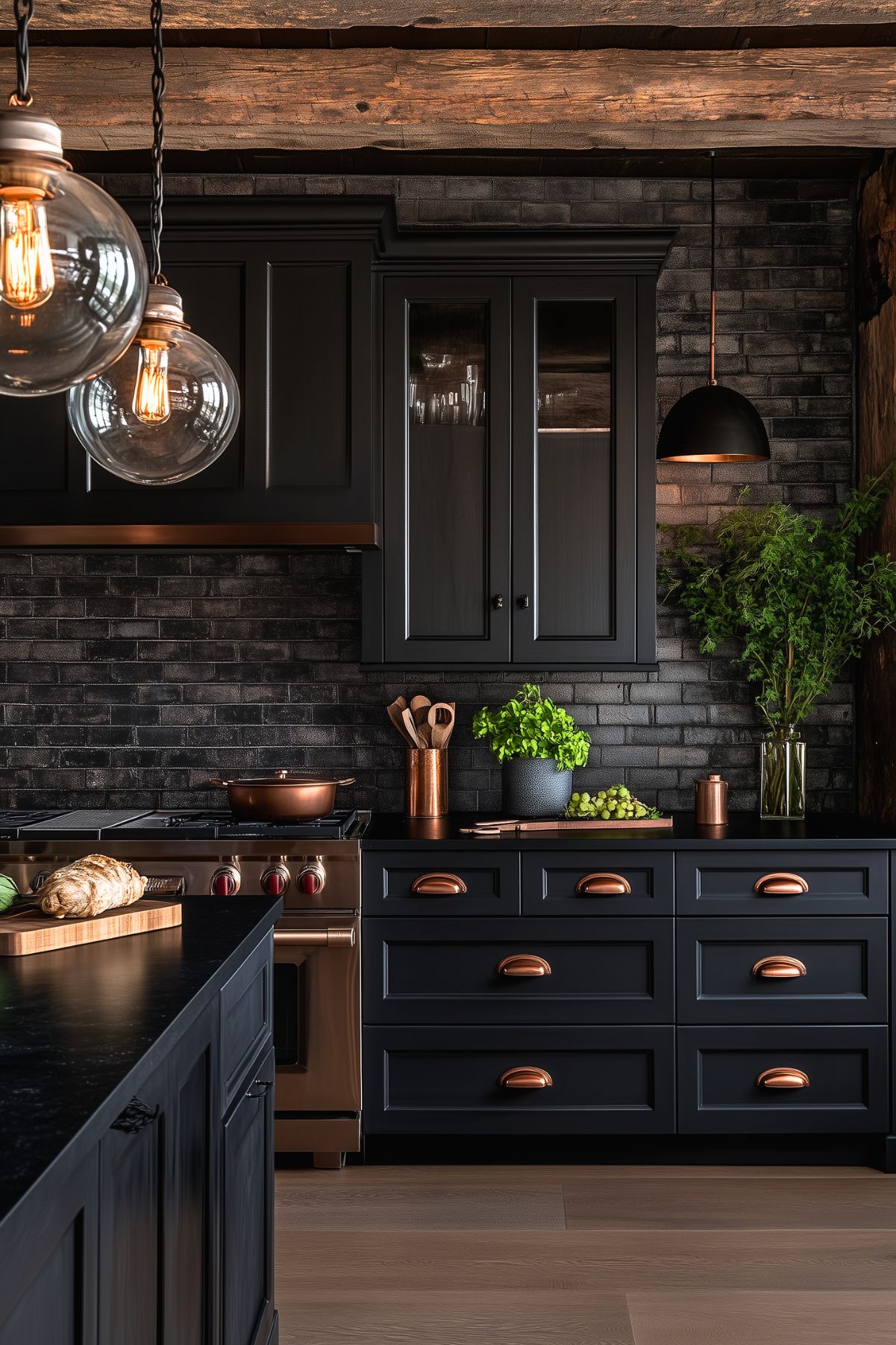 Rustic modern kitchen with dark cabinetry, matte black subway tile backsplash, and copper hardware for a warm accent. The space is illuminated by vintage-style globe pendant lights with Edison bulbs. Exposed wooden beams add a natural, textured element, while the copper cookware and fresh greenery provide contrast to the moody design.