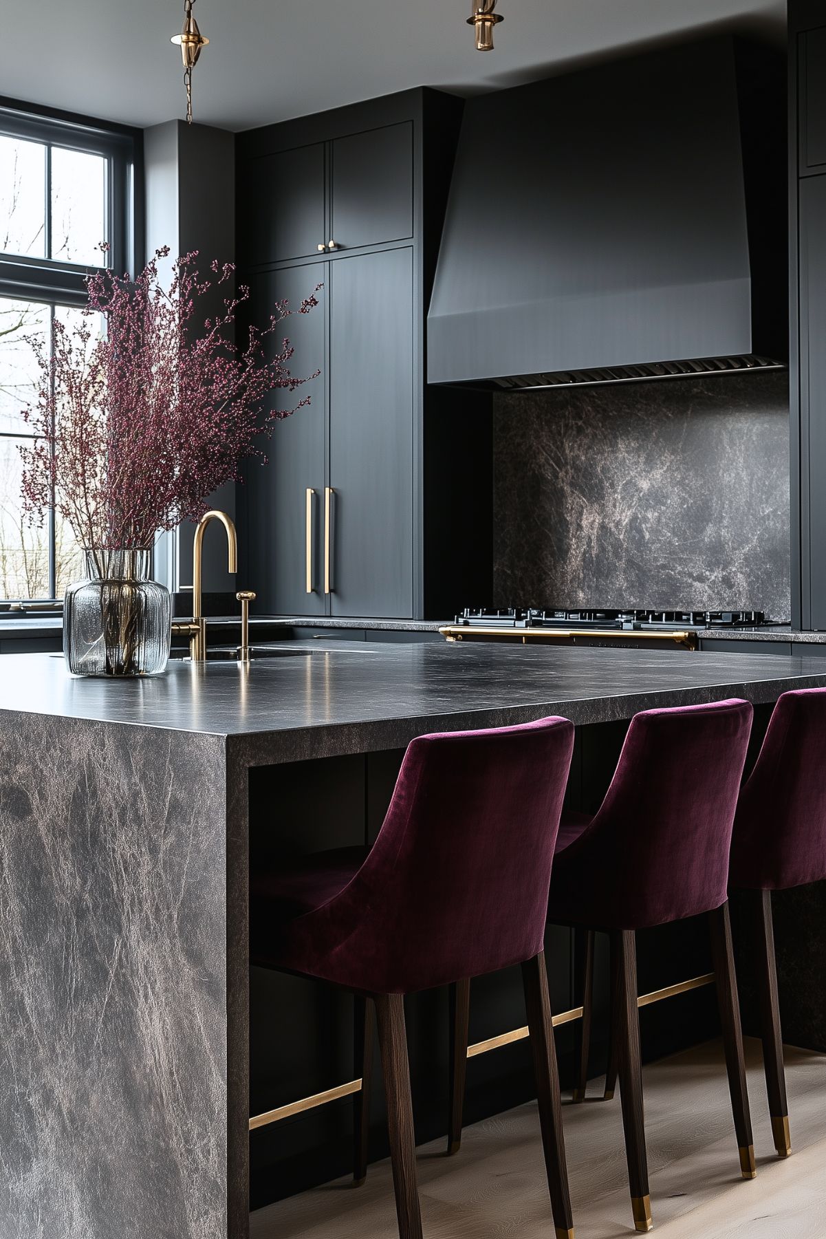 Modern kitchen with sleek dark cabinetry and a marble-textured island. The gold hardware and fixtures add a touch of luxury, while deep purple velvet bar stools bring a pop of color and warmth. A large vase with burgundy branches sits on the island, softening the minimalist design with a natural element.