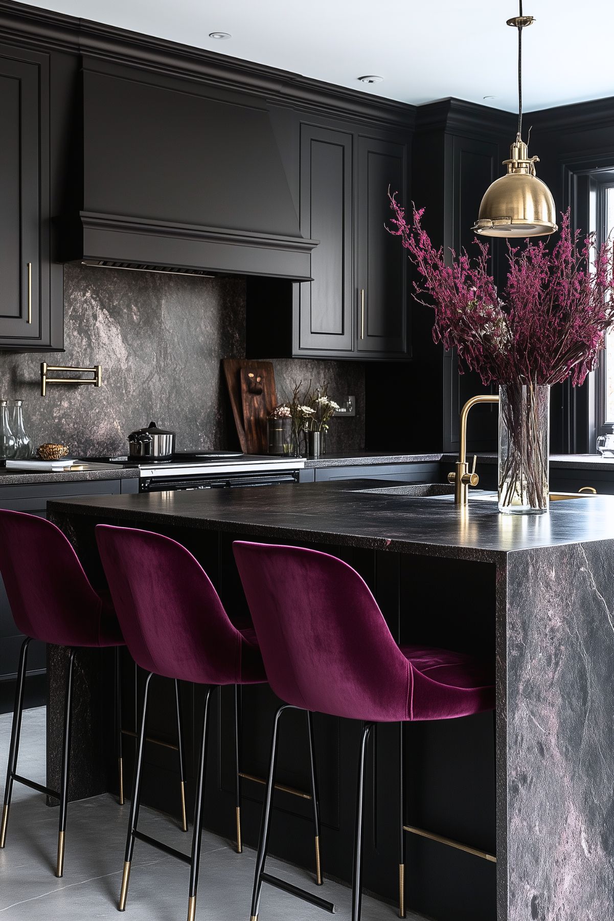 Modern dark kitchen with matte black cabinets, a sleek stone countertop, and gold accents. The island features plush velvet bar stools in deep purple, and a large vase of vibrant magenta flowers adds a bold pop of color. Soft lighting from brass pendant lights enhances the elegant, contemporary feel of the space.