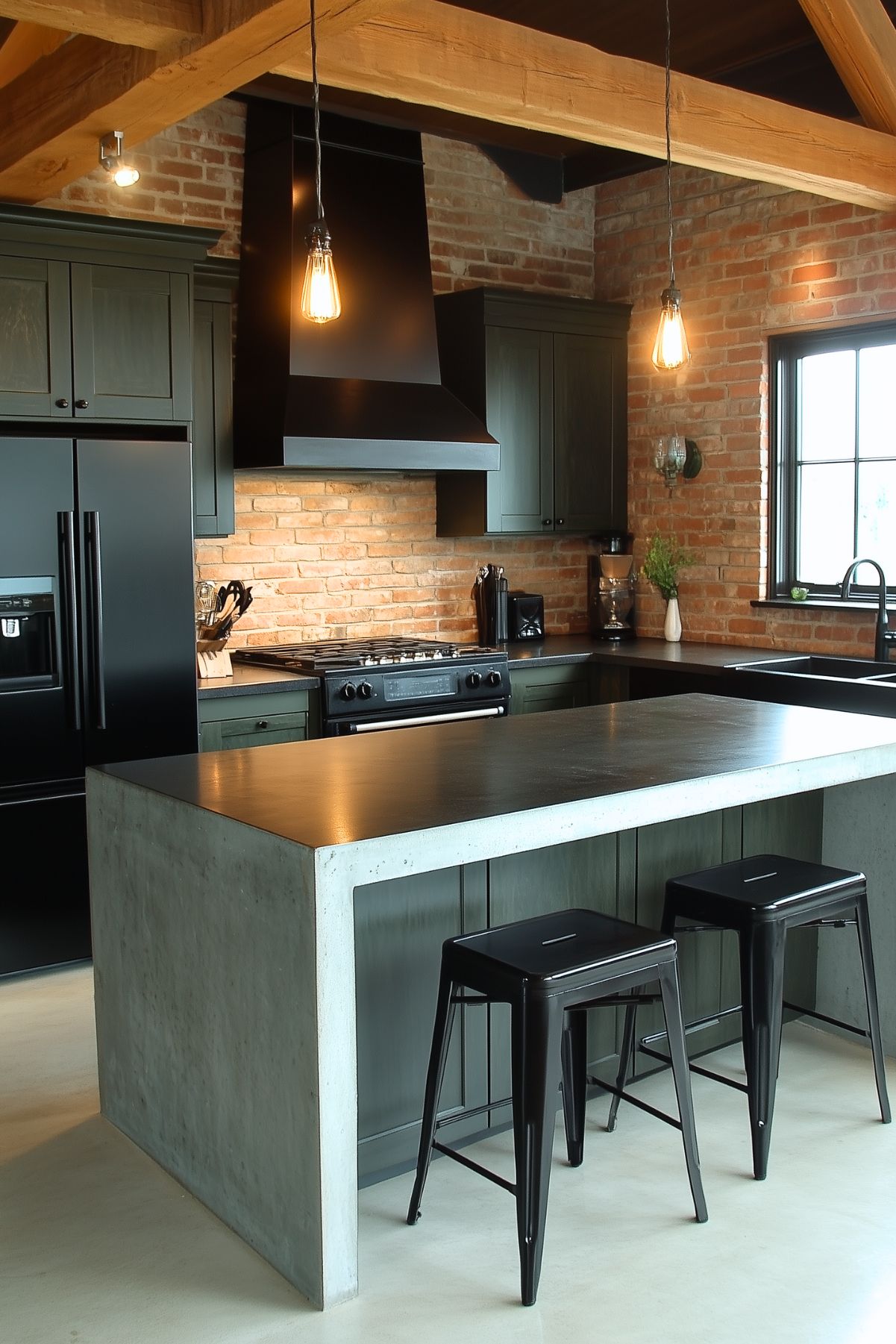 Industrial-style kitchen featuring exposed brick walls, dark cabinetry, and a sleek concrete island. The matte black appliances and range hood blend seamlessly with the modern design. Metal stools and exposed wood beams add a rustic touch, while pendant lights with Edison bulbs enhance the warm, inviting atmosphere.