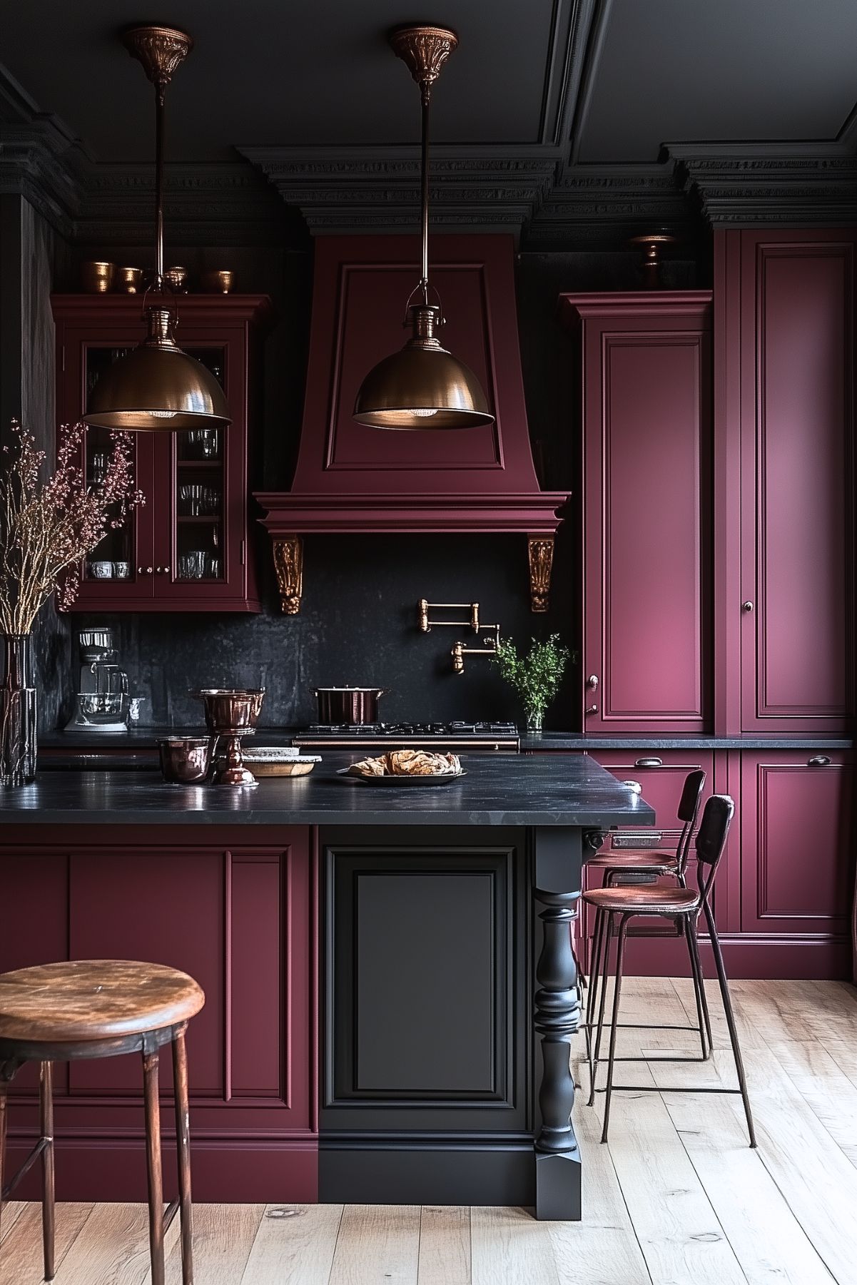 Luxurious kitchen featuring deep burgundy cabinetry with ornate details and a matching range hood. The dark marble countertops and black backsplash add a dramatic flair, while copper pendant lights and hardware bring warmth to the space. Wooden stools and rustic accents, like the exposed wood flooring, balance the elegant design with a cozy touch.