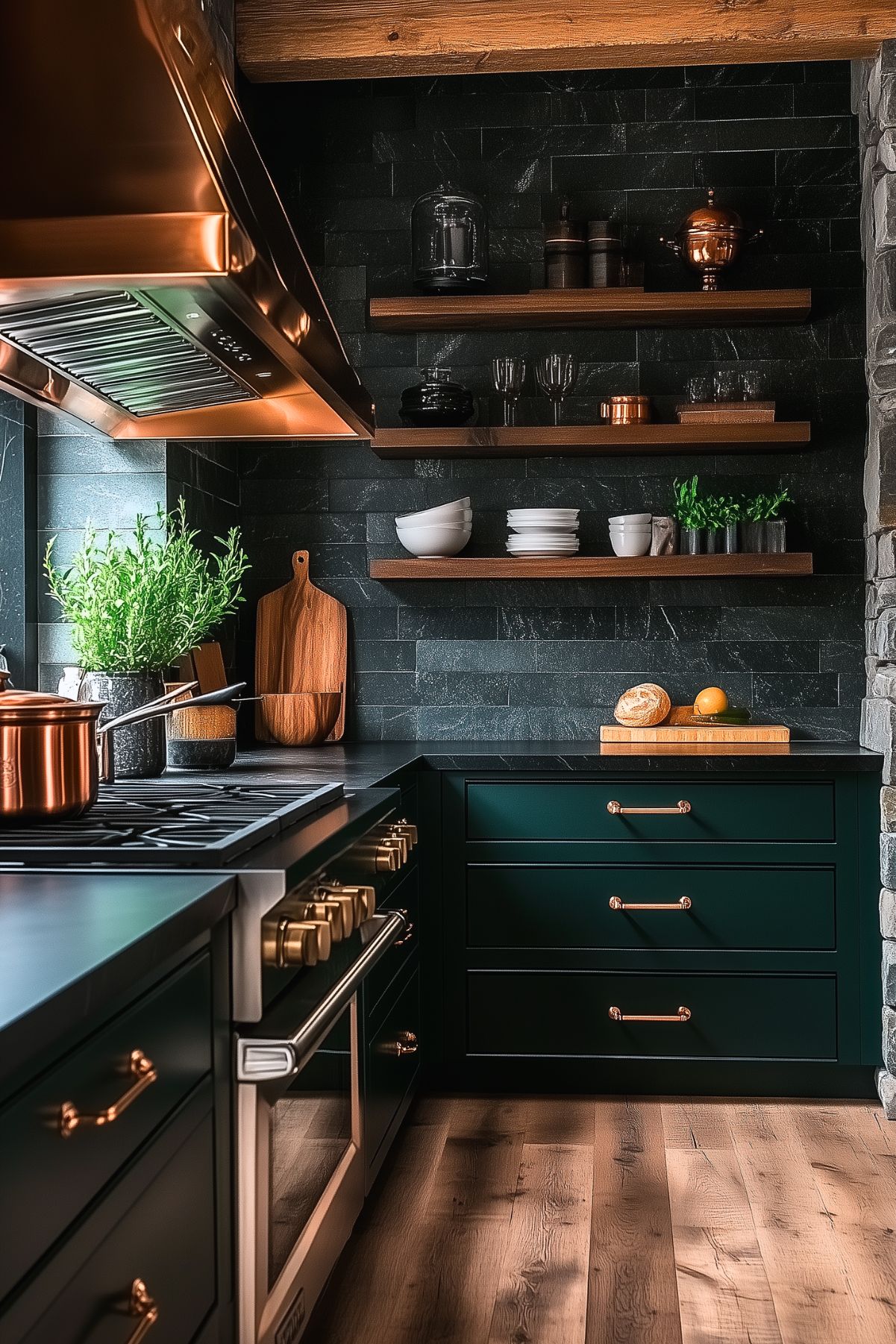 Cozy kitchen with dark cabinetry and copper accents, including hardware, cookware, and lighting fixtures. The space is balanced with natural wood details on the ceiling and open shelving, while a light wood floor adds warmth. Fresh herbs and minimalist decor enhance the kitchen's rustic yet modern charm.