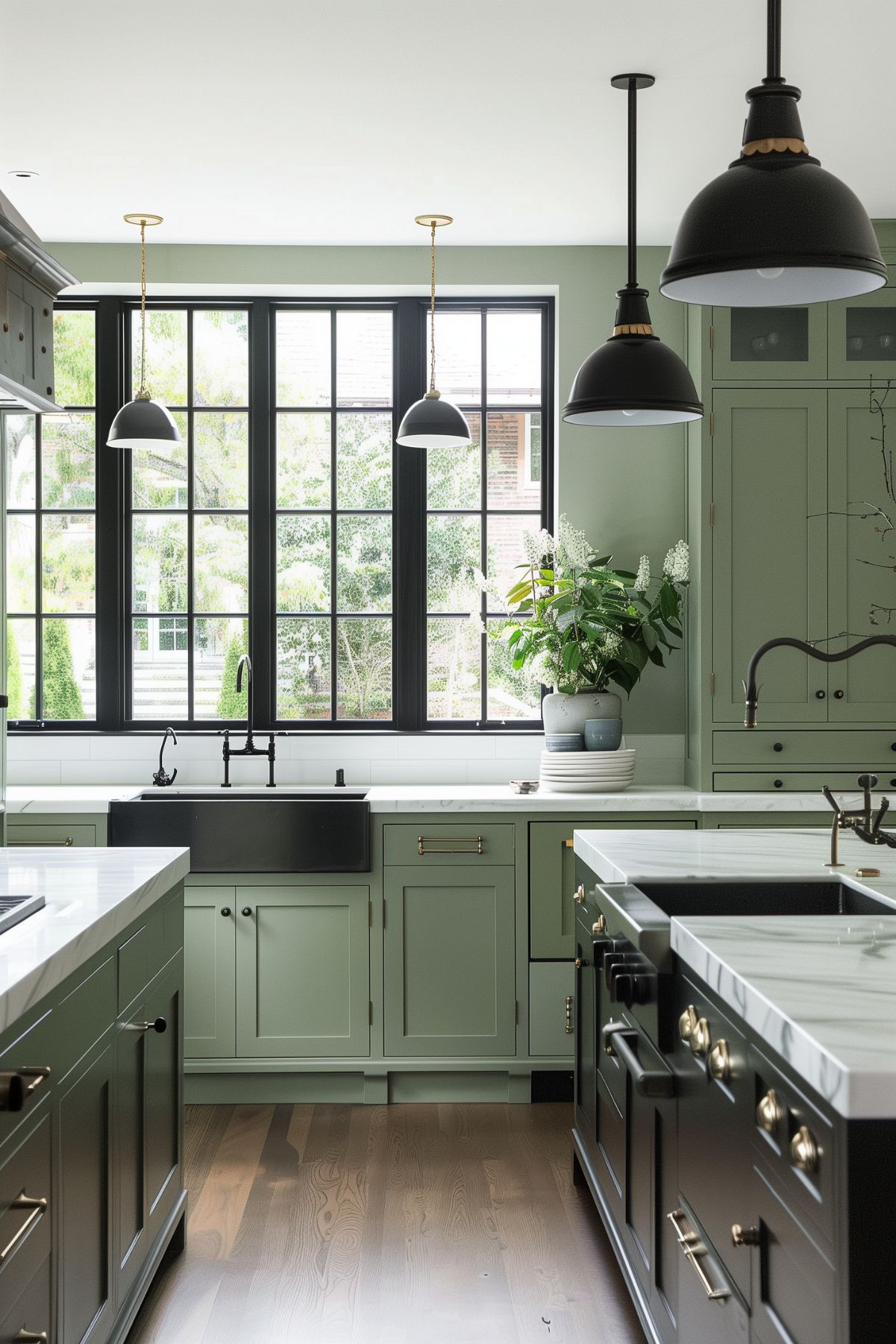 A sophisticated kitchen with sage green cabinetry and a sleek black island. The space features large black-framed windows that allow natural light to flood in, highlighting the clean lines and modern design. Brass hardware adds a touch of elegance, while marble countertops bring a luxurious feel. The kitchen includes a farmhouse sink with a black faucet, matching the black pendant lights hanging overhead. The overall atmosphere is serene and airy, with earthy tones and minimalist decor, creating a balance of elegance and warmth.