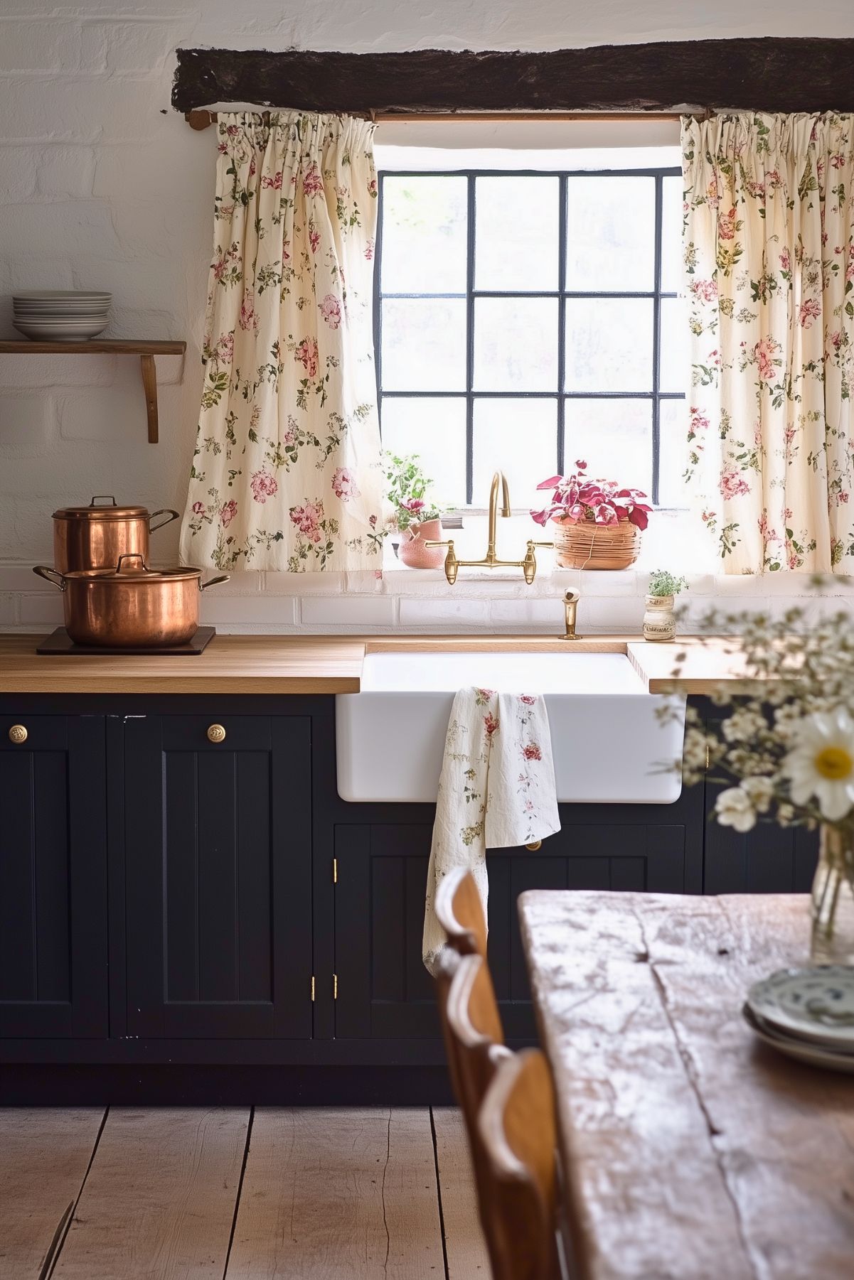 A quaint kitchen featuring dark lower cabinets with brass hardware, a farmhouse sink, and a butcher block countertop. The window is adorned with floral curtains, letting in natural light, and potted plants add a fresh touch to the windowsill. Copper pots rest on the counter, enhancing the rustic, country feel. An old wooden dining table with mismatched chairs sits in the foreground, creating a cozy and lived-in atmosphere. The exposed wooden beam above the window adds a charming rustic detail to the space.