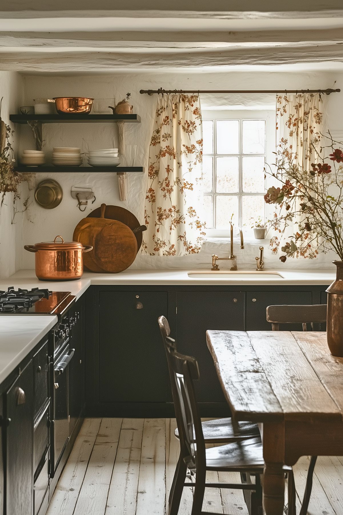 A rustic kitchen with dark cabinetry and a white countertop, featuring a copper pot on the stove. Floral curtains frame a small window above a farmhouse sink with brass fixtures. Open shelving holds neatly stacked dishes and kitchenware, while wooden cutting boards lean against the wall. A wooden dining table and chairs complete the cozy, country-style atmosphere. The space is warm and inviting, with soft natural light highlighting the simple, traditional decor.