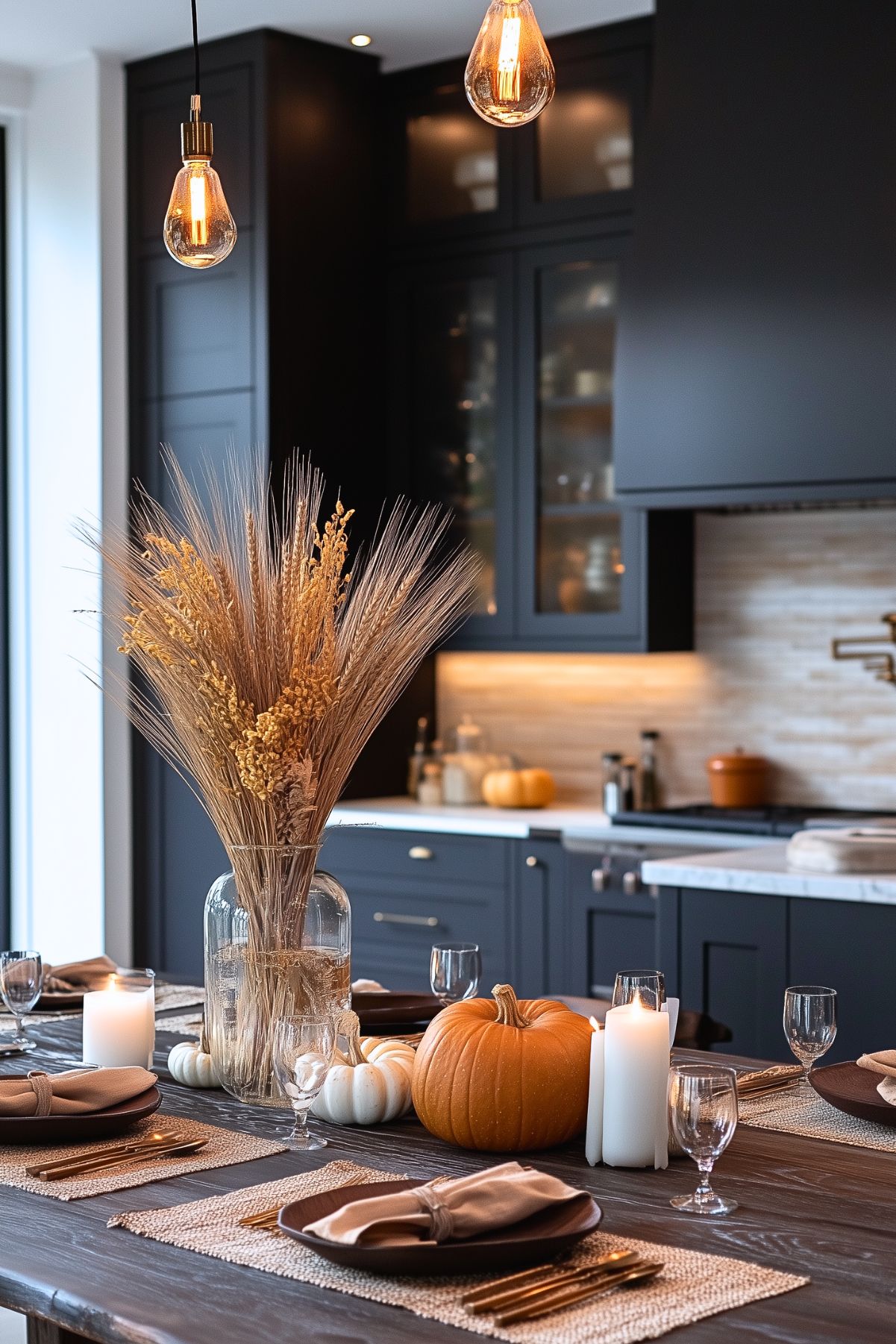 A modern kitchen with dark cabinetry and a fall-themed dining table setup. The table features a rustic centerpiece of dried wheat and grasses in a clear vase, surrounded by pumpkins and white candles, adding a cozy autumn touch. Neutral-colored plates, cloth napkins, and woven placemats create an elegant yet warm atmosphere. Soft lighting from pendant lamps enhances the cozy ambiance, while pumpkins on the kitchen counter in the background continue the fall theme throughout the space.