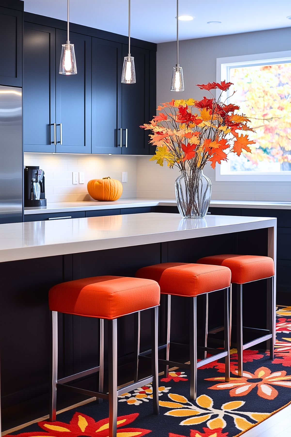 A modern kitchen with sleek dark cabinets and a large white countertop island. The space is decorated for fall with a vase of bright orange and red leaves as the centerpiece on the island. Three orange upholstered bar stools and a floral-patterned rug with autumn tones add vibrant pops of color to the room. A pumpkin sits on the counter in the background, complementing the seasonal decor. Pendant lights hang above the island, illuminating the space and enhancing the cozy, fall-inspired atmosphere.