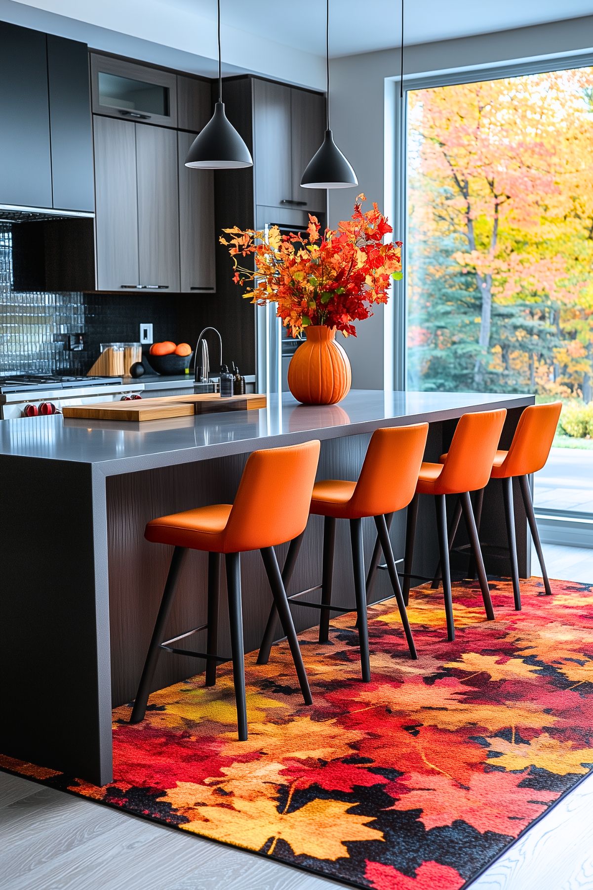 A modern kitchen featuring sleek dark cabinetry and a large island with a vibrant fall-themed decor. The island is accented by orange bar stools and a vase filled with bright orange and red autumn leaves, creating a bold seasonal statement. A colorful rug with autumn leaf patterns adds warmth and texture to the space. Large windows bring in natural light and offer views of the fall foliage outside, enhancing the cozy fall atmosphere. Black pendant lights hang above the island, complementing the modern design.