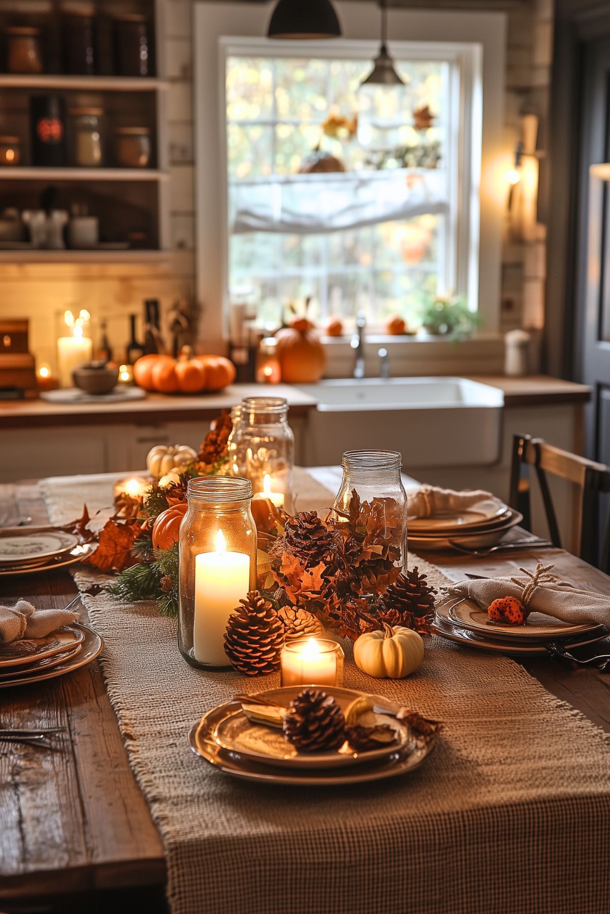 A cozy fall dining setup featuring a rustic wooden table adorned with candles in glass jars, pinecones, and small pumpkins. The warm glow from the candles creates a soft, inviting ambiance. Autumn leaves and greenery add seasonal charm to the table's centerpiece. The place settings include earth-toned plates with cloth napkins, enhancing the rustic vibe. In the background, pumpkins are displayed on the kitchen counter, and soft lighting from a window highlights the seasonal decor, making the space feel warm and welcoming for fall.