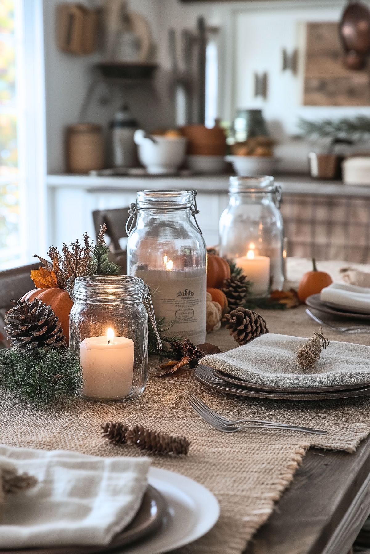 A cozy fall dining table setup featuring glass jars with candles, pinecones, and greenery as a rustic centerpiece. Small pumpkins add a seasonal touch, while the neutral-colored tableware and linen napkins enhance the simple, natural decor. The table is covered with a burlap-style runner, adding texture to the setting. In the background, soft kitchen lighting and farmhouse-style decor complete the warm and inviting autumn ambiance. The overall aesthetic is both rustic and refined, perfect for a cozy fall gathering.